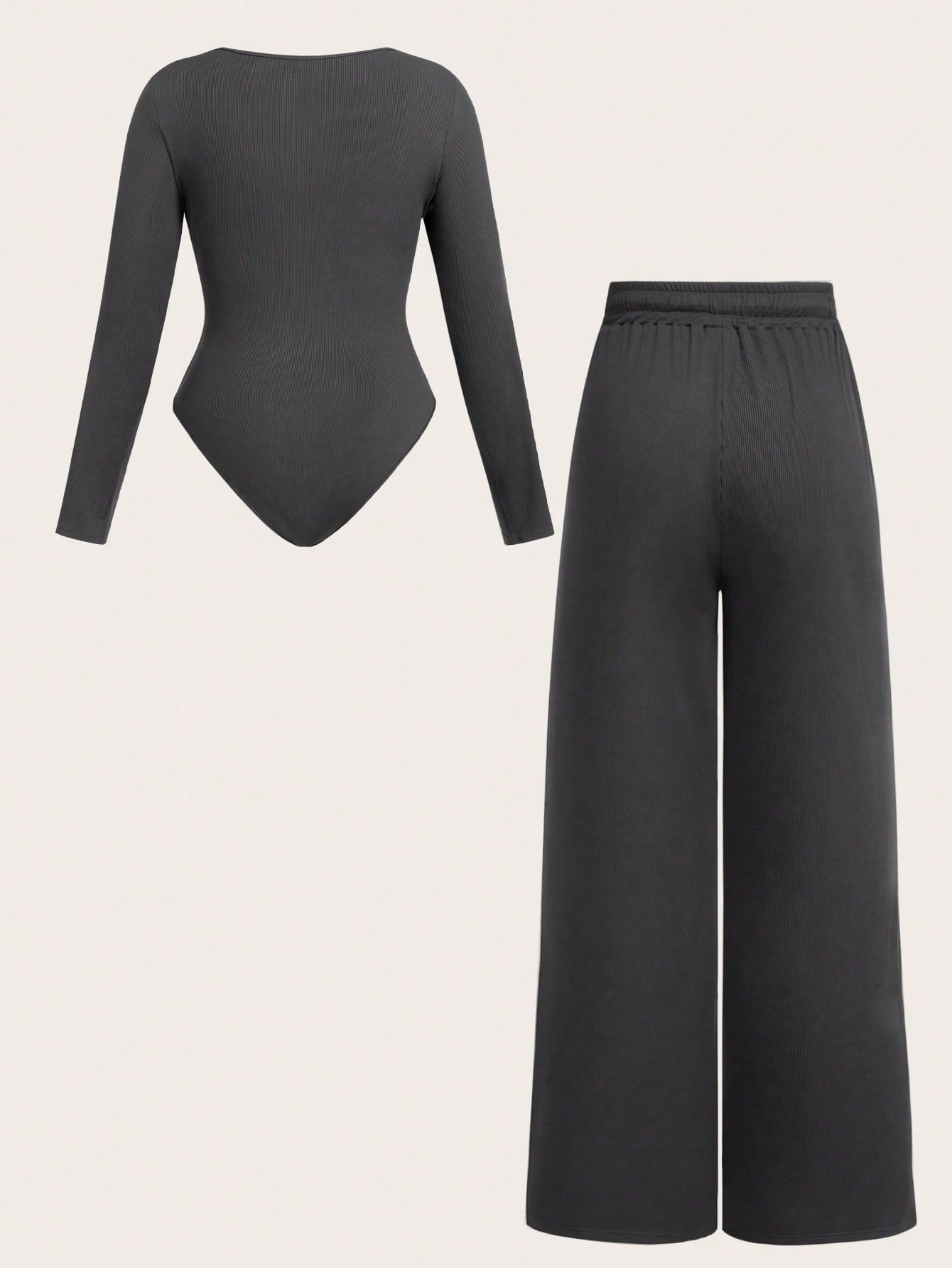 Flirla 2 pièces/Set Combinaison grise col en U grande taille jambes évasées, combinaison ajustée décontracté mode minimaliste pour sortie