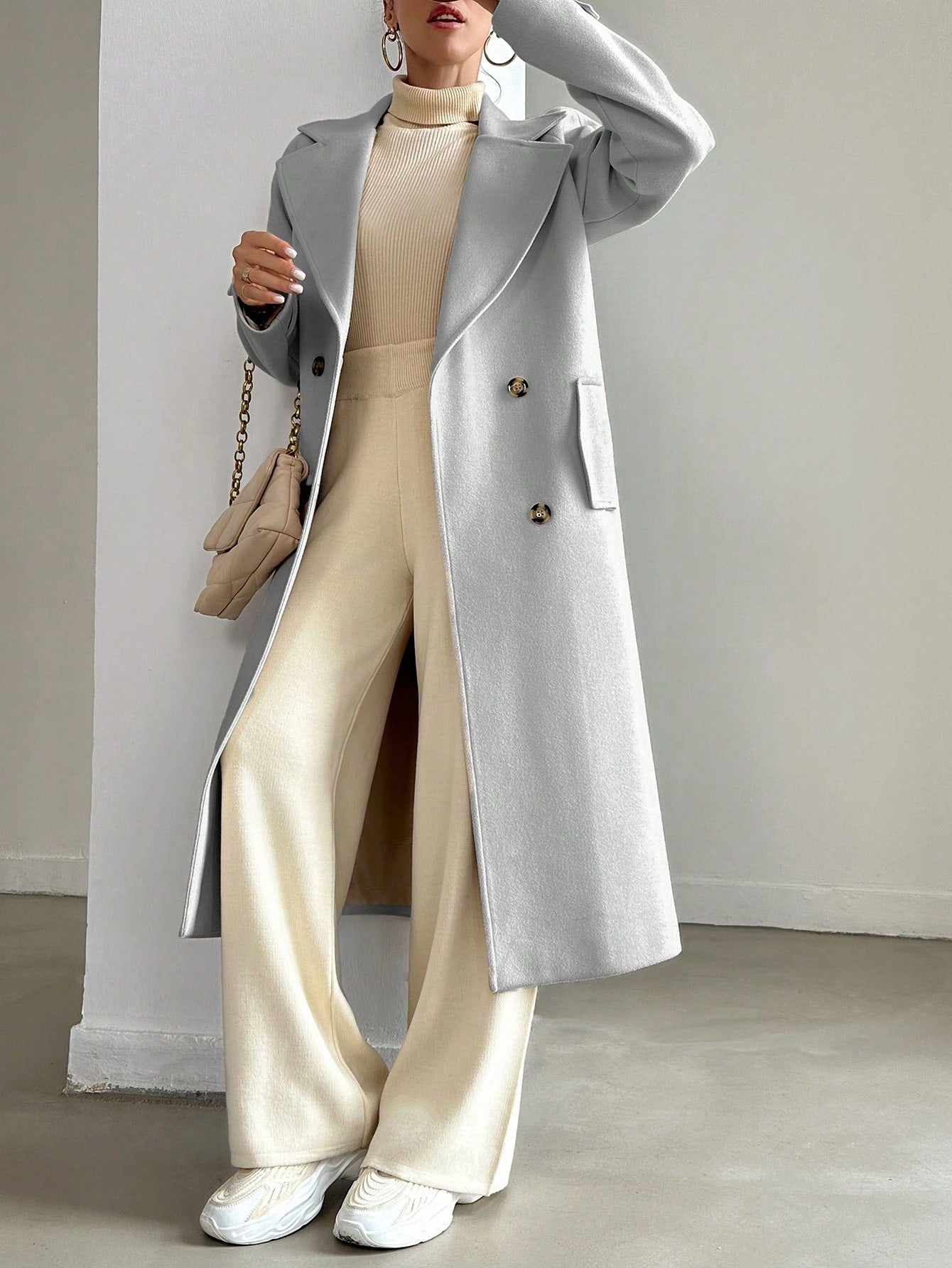 SHEIN Manteau En Laine Double Boutonnage Pour Femmes Couleur Unie Avec Col De Costume