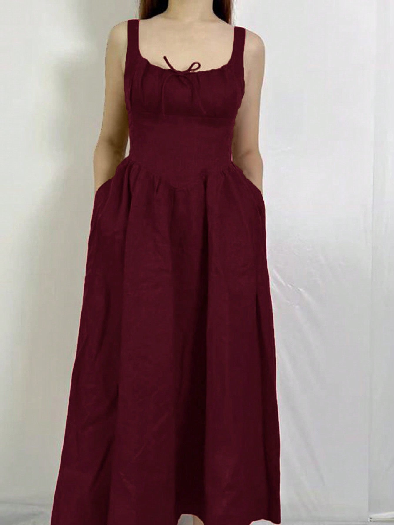 Robe longue romantique rouge à encolure carrée pour femme