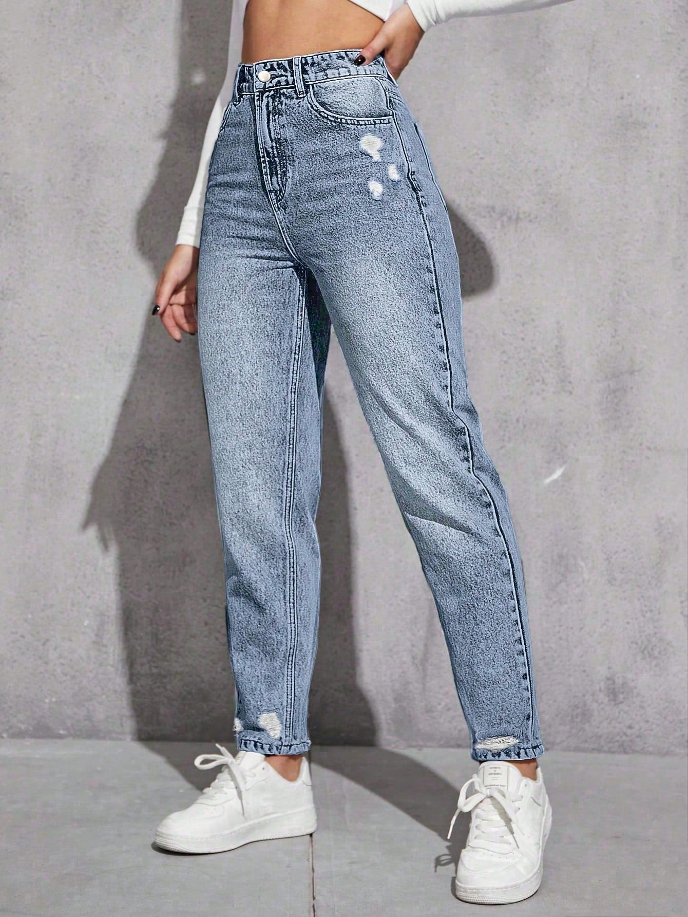 SHEIN EZwear Jeans décontractés polyvalents en denim avec jambes fuselées et poches pour femmes