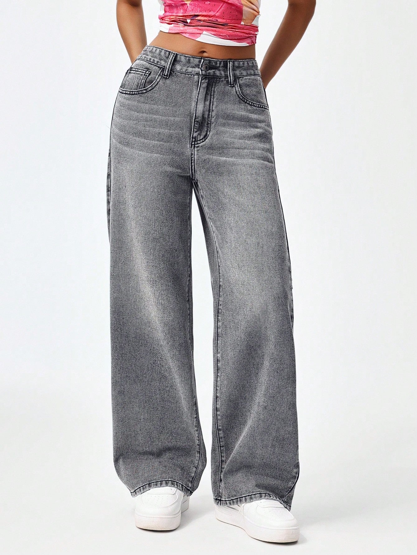 SHEIN x Lina SHEIN ICON Jeans droits taille mi-haute lavés décontractés de style rétro