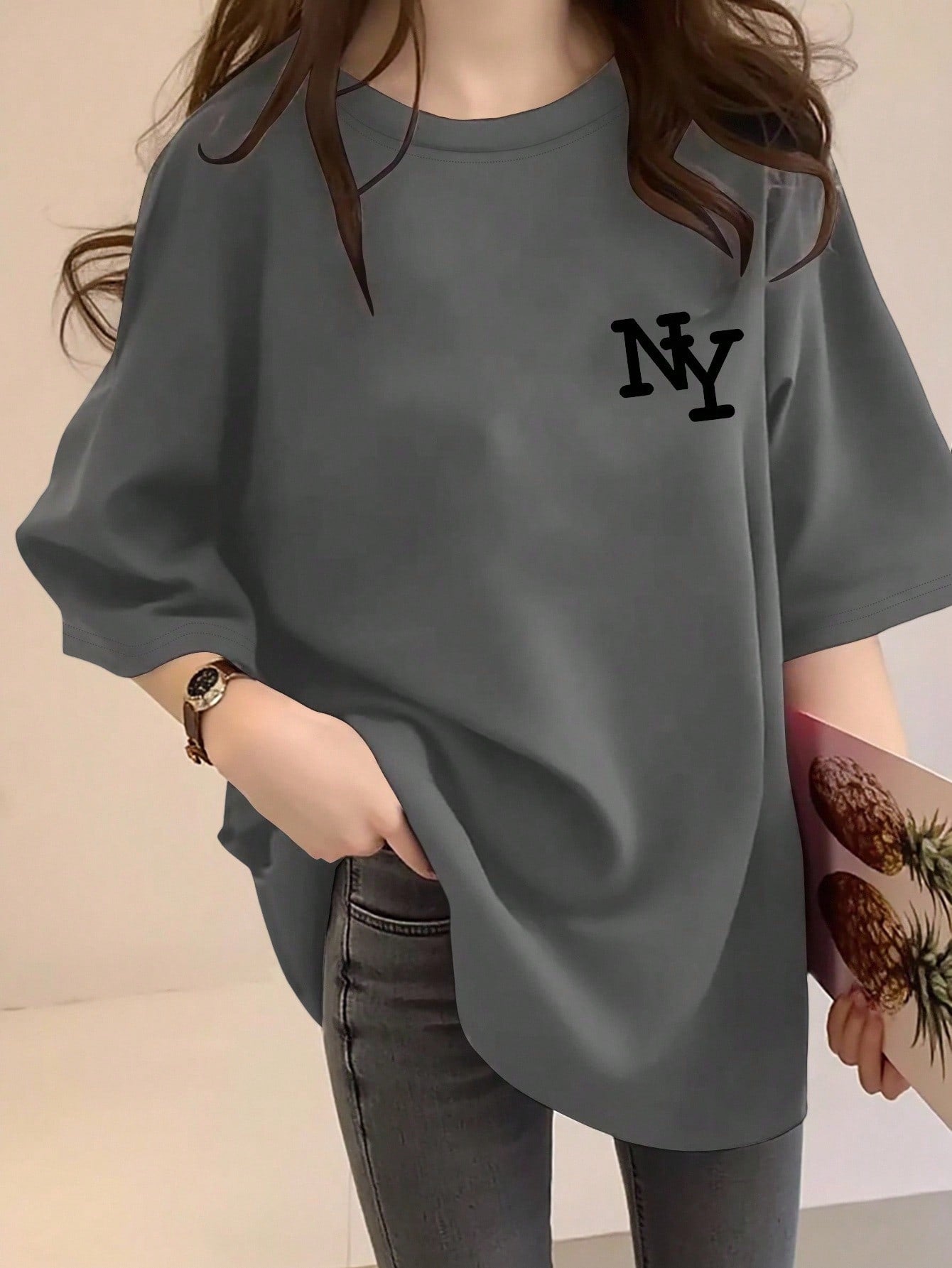 T-shirt ample à col rond et manches courtes avec imprimé lettre NY pour femmes, top d'été décontracté, design élégant et confortable, convient pour le port quotidien, t-shirt New York oversize, style vintage