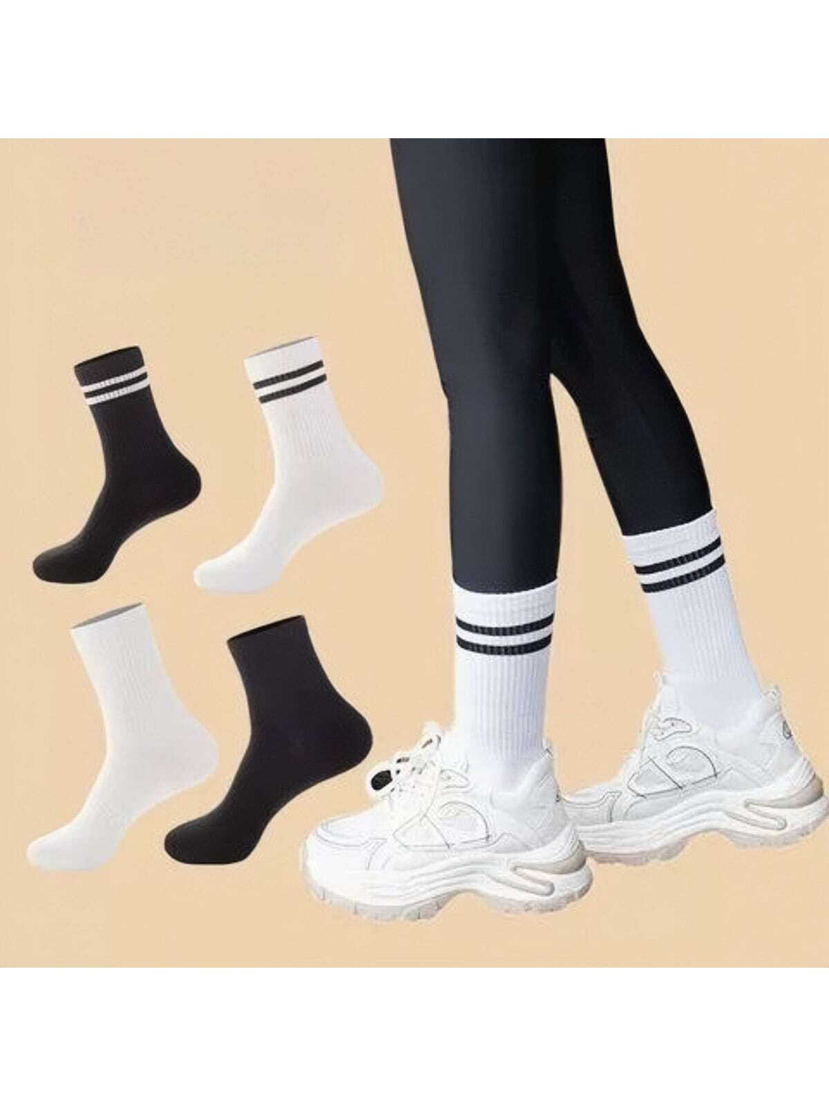 4 paires/set Chaussettes Mi-Mollet Pour Femme À Rayures Décontracté Sport Respirant