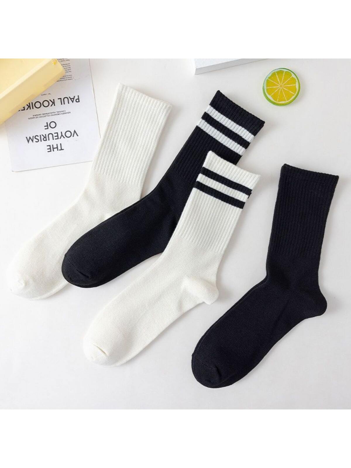 4 paires/set Chaussettes Mi-Mollet Pour Femme À Rayures Décontracté Sport Respirant