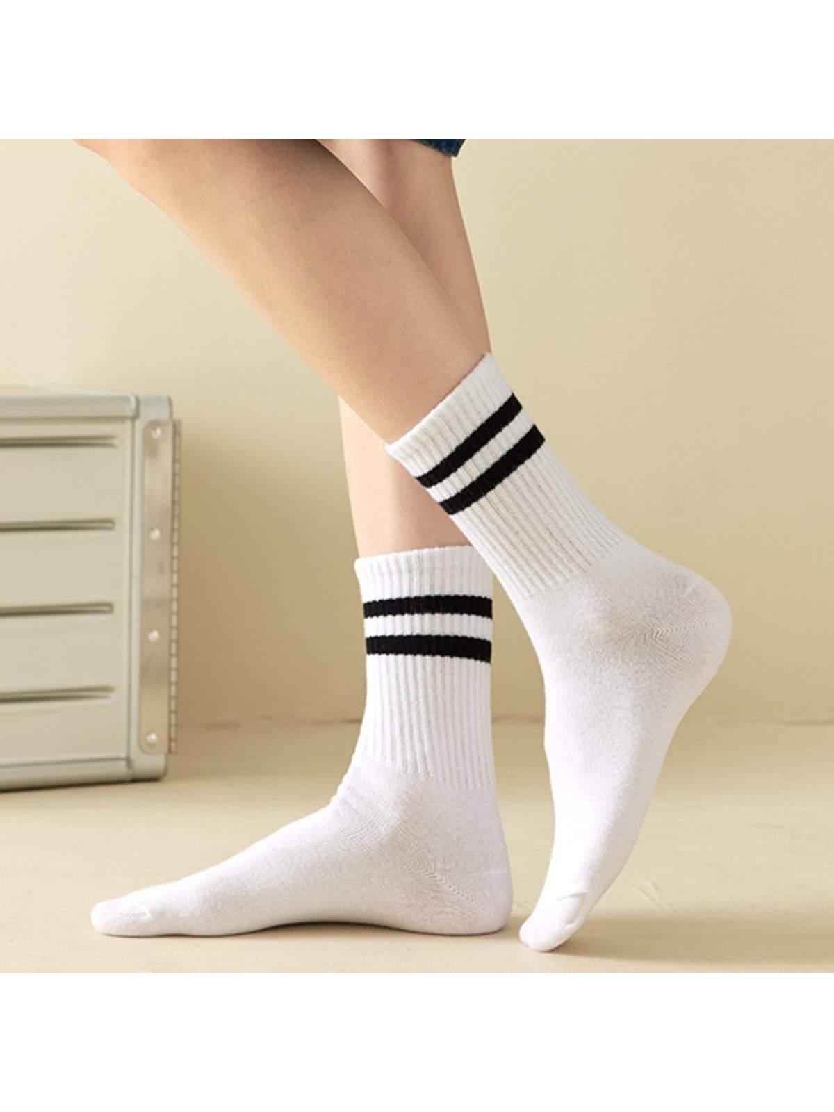 4 paires/set Chaussettes Mi-Mollet Pour Femme À Rayures Décontracté Sport Respirant