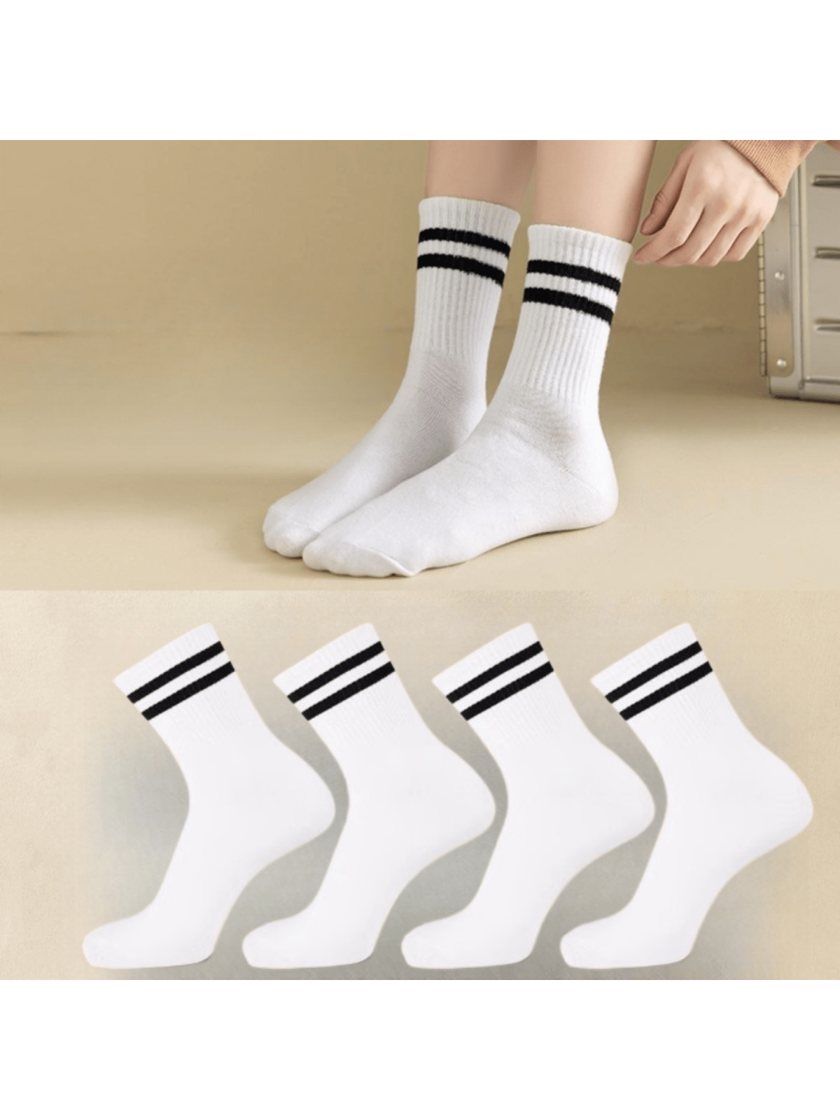 4 paires/set Chaussettes Mi-Mollet Pour Femme À Rayures Décontracté Sport Respirant
