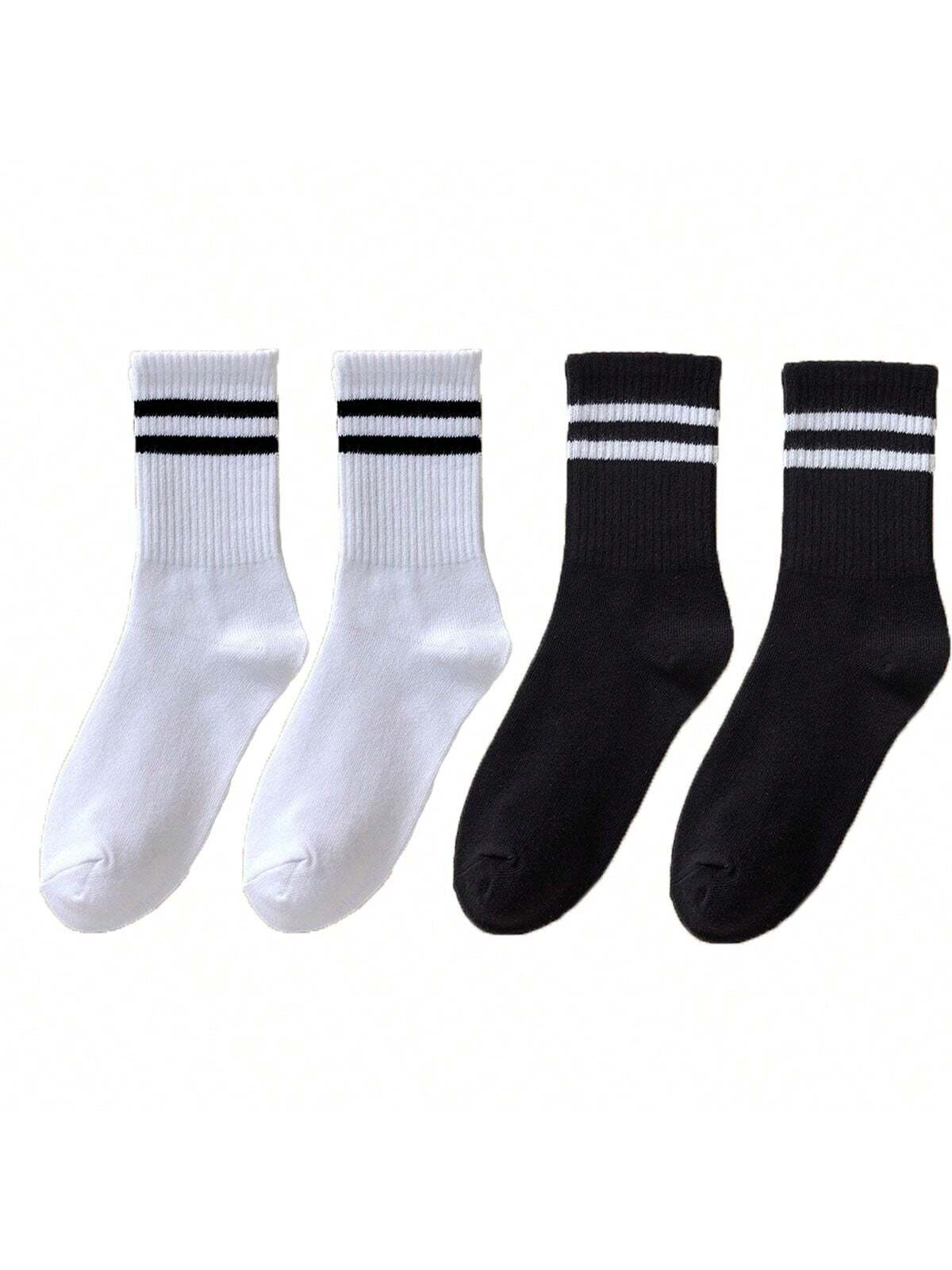 4 paires/set Chaussettes Mi-Mollet Pour Femme À Rayures Décontracté Sport Respirant