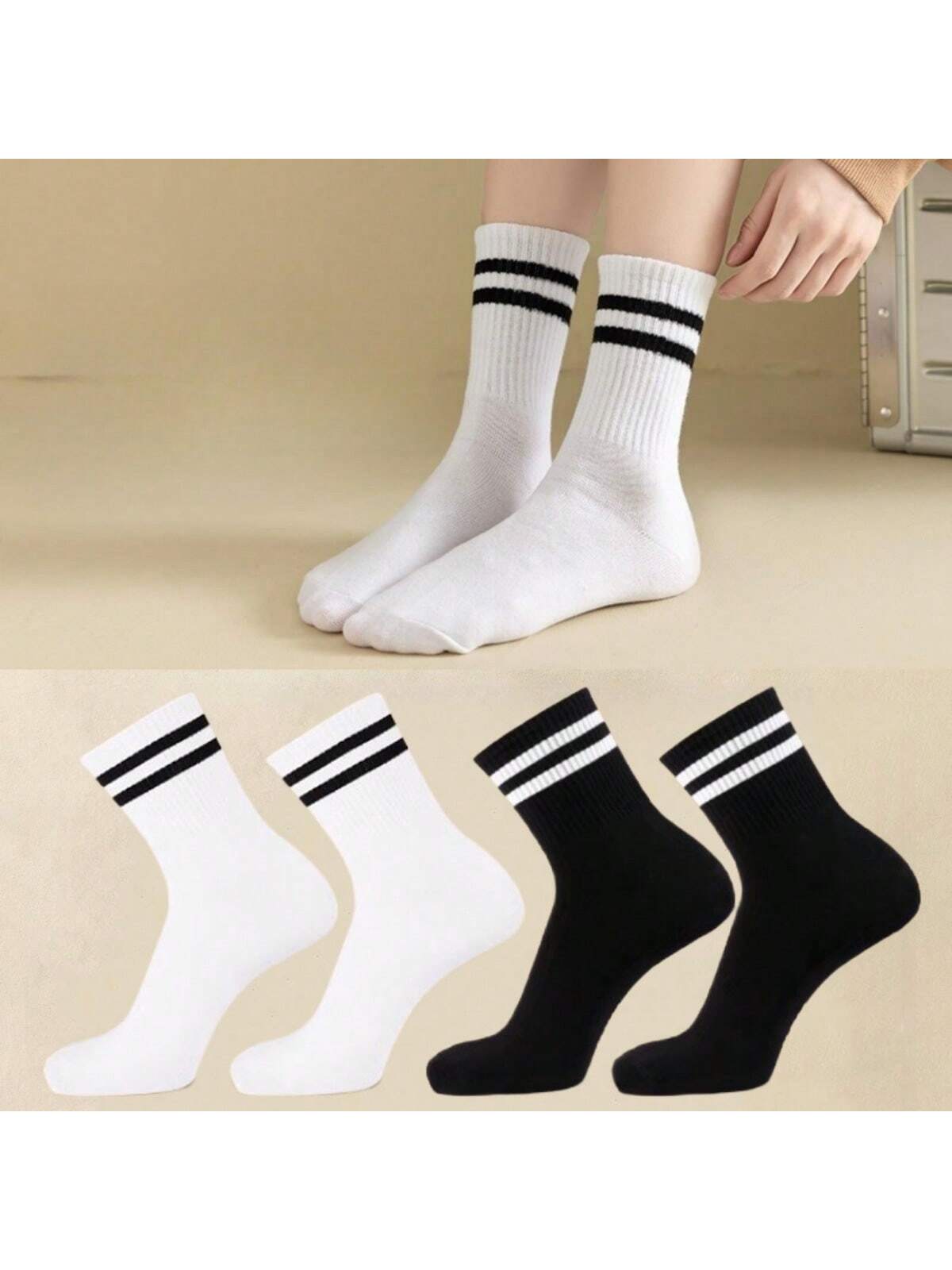 4 paires/set Chaussettes Mi-Mollet Pour Femme À Rayures Décontracté Sport Respirant