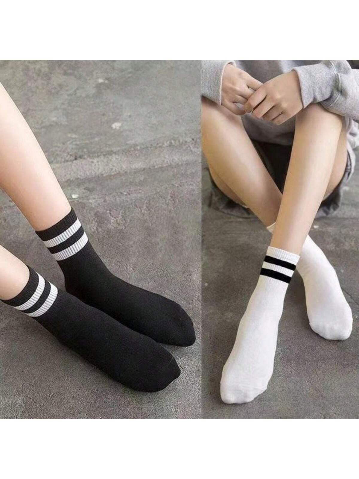 4 paires/set Chaussettes Mi-Mollet Pour Femme À Rayures Décontracté Sport Respirant