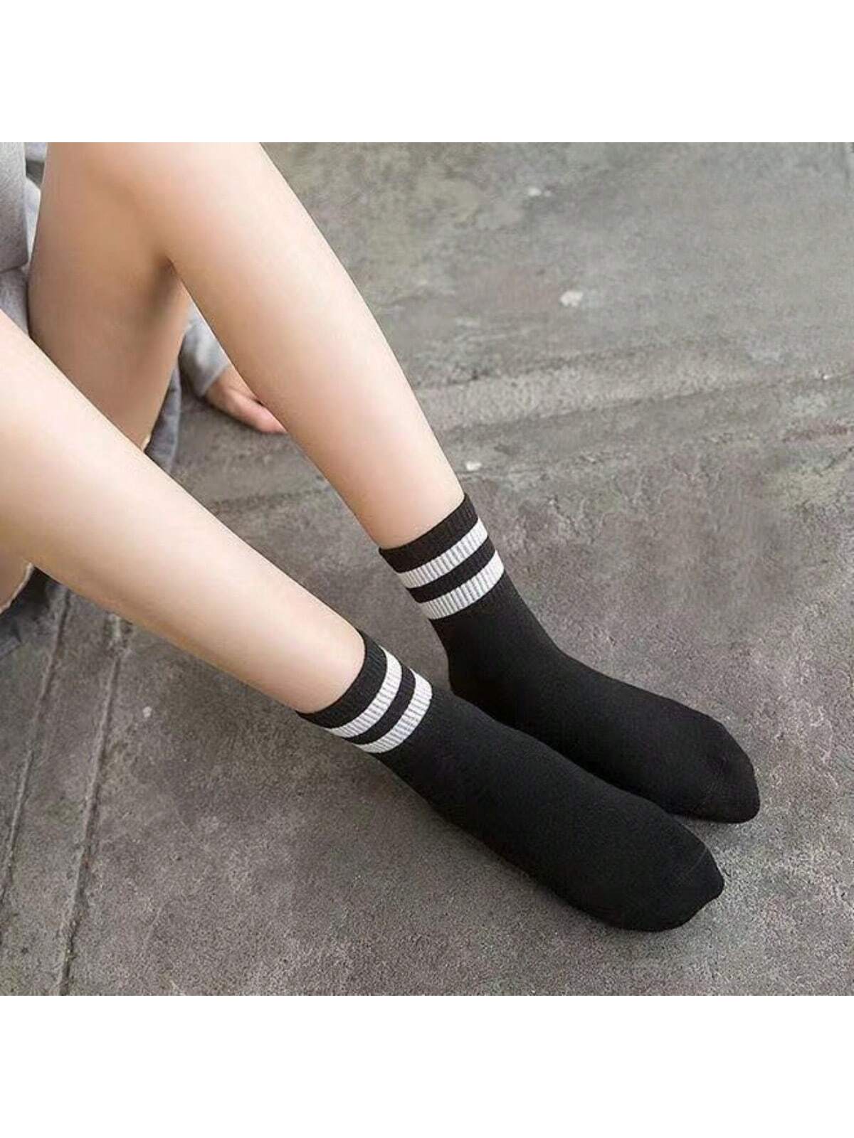 4 paires/set Chaussettes Mi-Mollet Pour Femme À Rayures Décontracté Sport Respirant