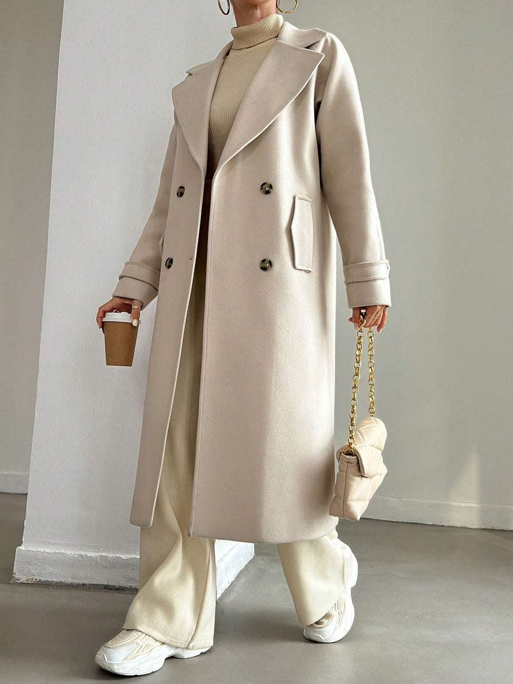 SHEIN Manteau En Laine Double Boutonnage Pour Femmes Couleur Unie Avec Col De Costume
