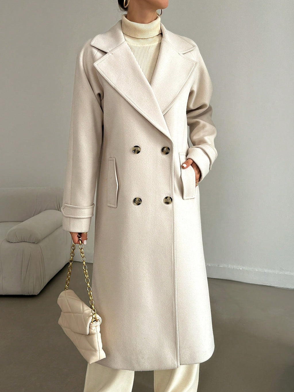SHEIN Manteau En Laine Double Boutonnage Pour Femmes Couleur Unie Avec Col De Costume