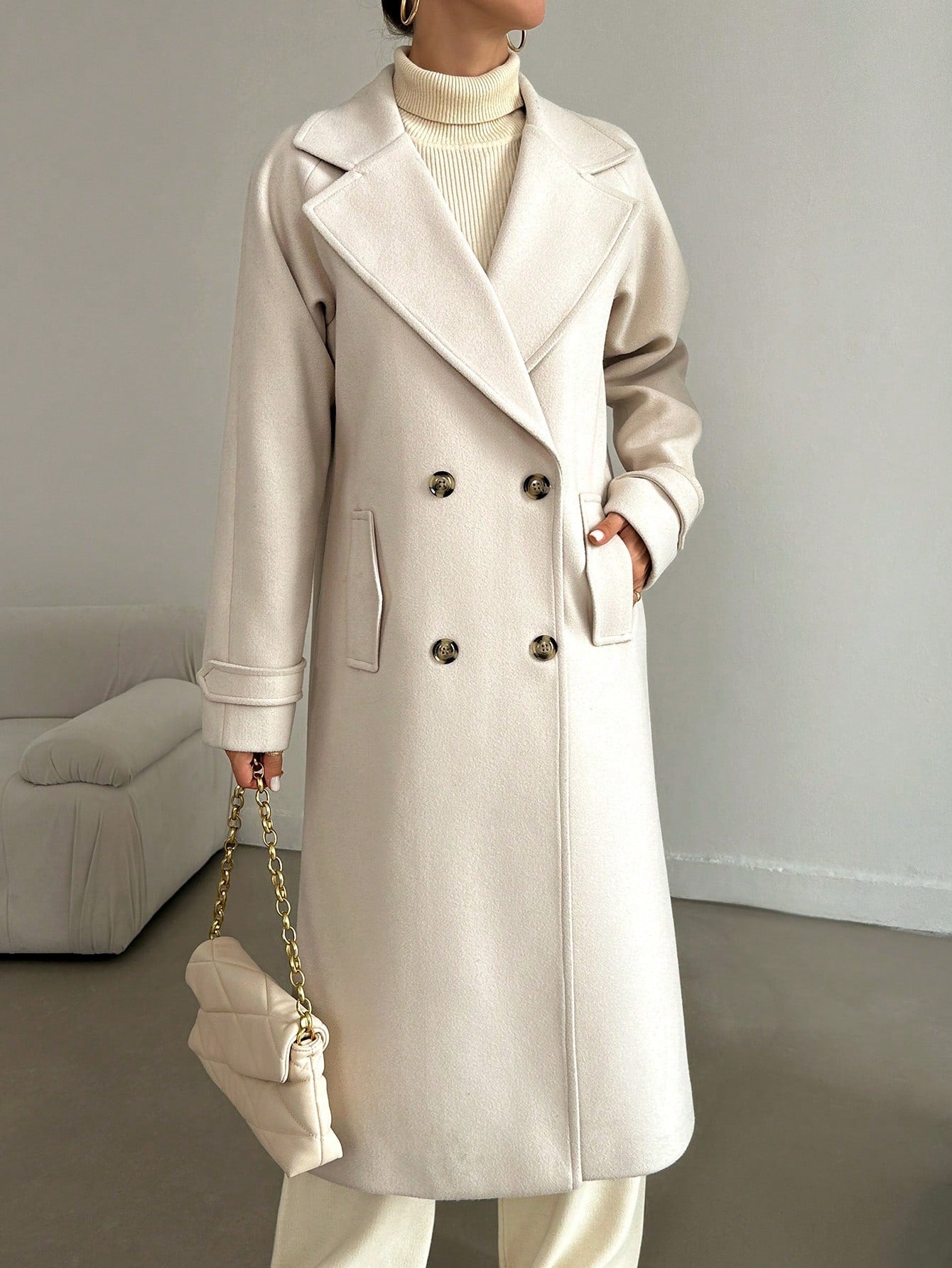 SHEIN Manteau En Laine Double Boutonnage Pour Femmes Couleur Unie Avec Col De Costume