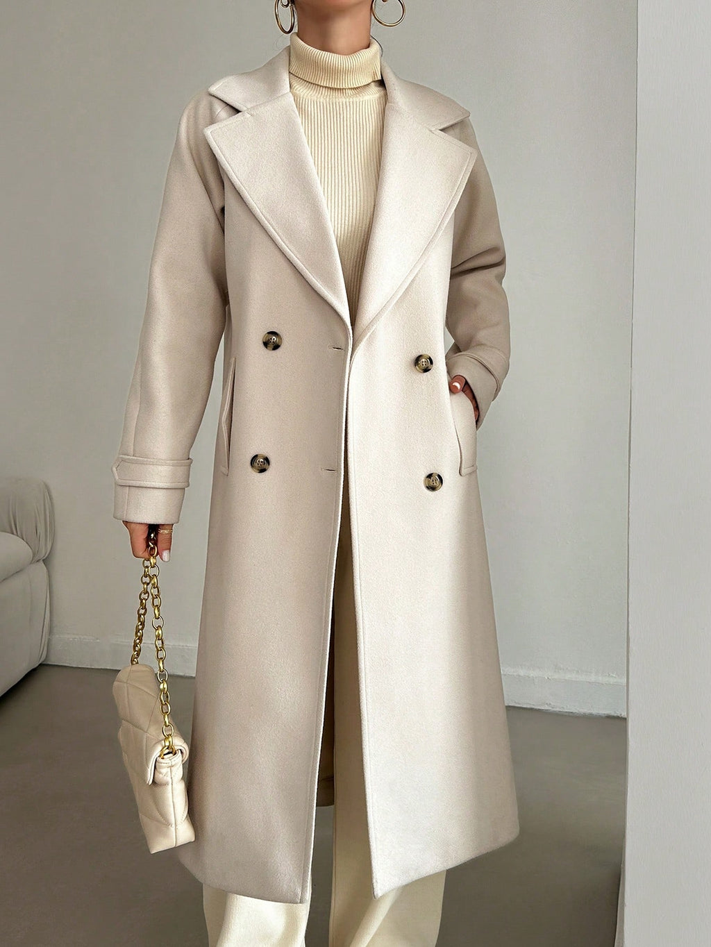 SHEIN Manteau En Laine Double Boutonnage Pour Femmes Couleur Unie Avec Col De Costume