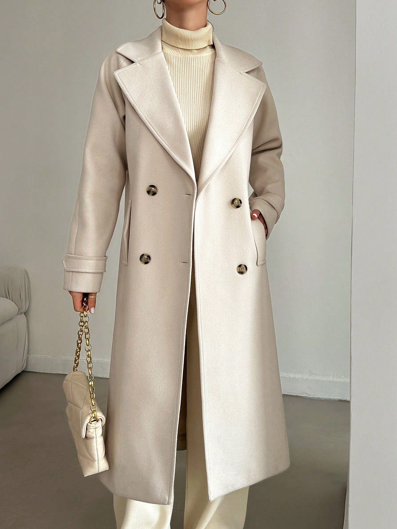 SHEIN Manteau En Laine Double Boutonnage Pour Femmes Couleur Unie Avec Col De Costume