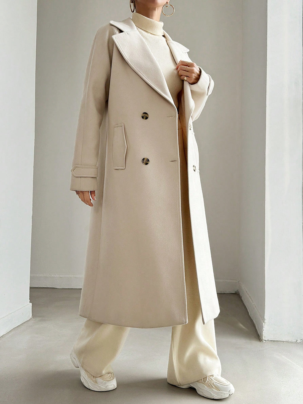 SHEIN Manteau En Laine Double Boutonnage Pour Femmes Couleur Unie Avec Col De Costume