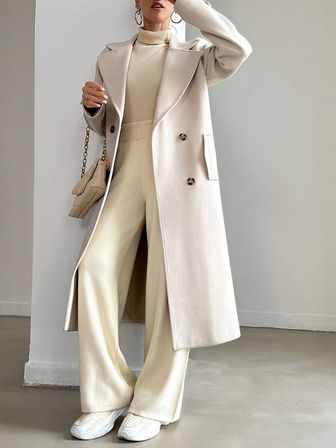 SHEIN Manteau En Laine Double Boutonnage Pour Femmes Couleur Unie Avec Col De Costume