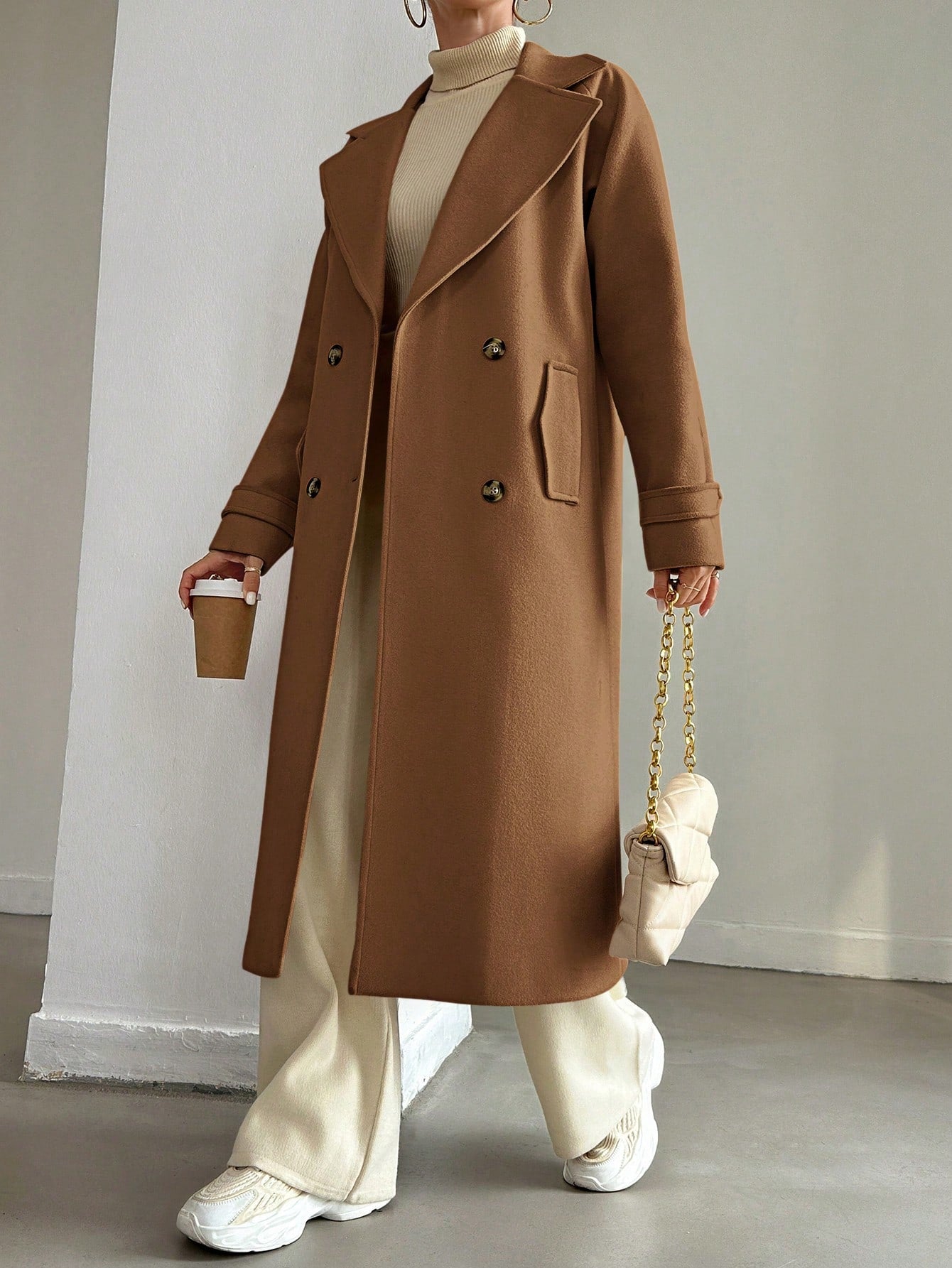 SHEIN Manteau En Laine Double Boutonnage Pour Femmes Couleur Unie Avec Col De Costume