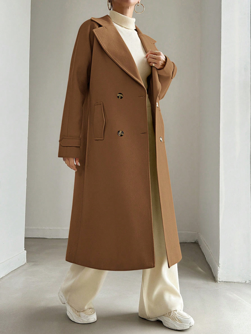 SHEIN Manteau En Laine Double Boutonnage Pour Femmes Couleur Unie Avec Col De Costume