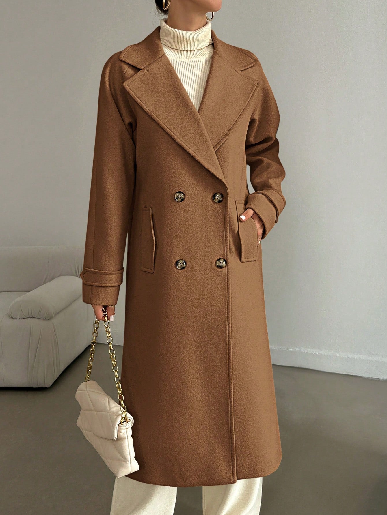 SHEIN Manteau En Laine Double Boutonnage Pour Femmes Couleur Unie Avec Col De Costume