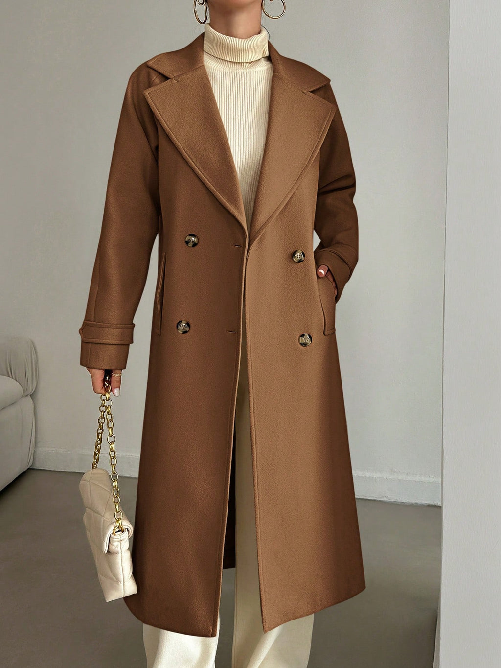 SHEIN Manteau En Laine Double Boutonnage Pour Femmes Couleur Unie Avec Col De Costume