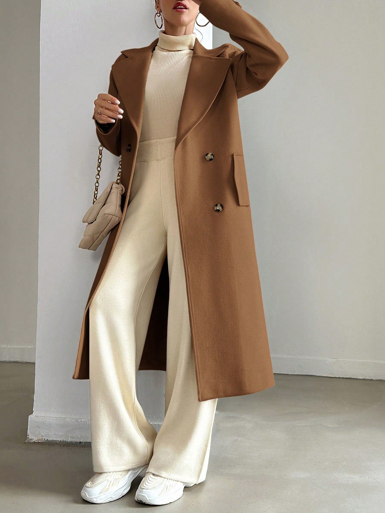 SHEIN Manteau En Laine Double Boutonnage Pour Femmes Couleur Unie Avec Col De Costume