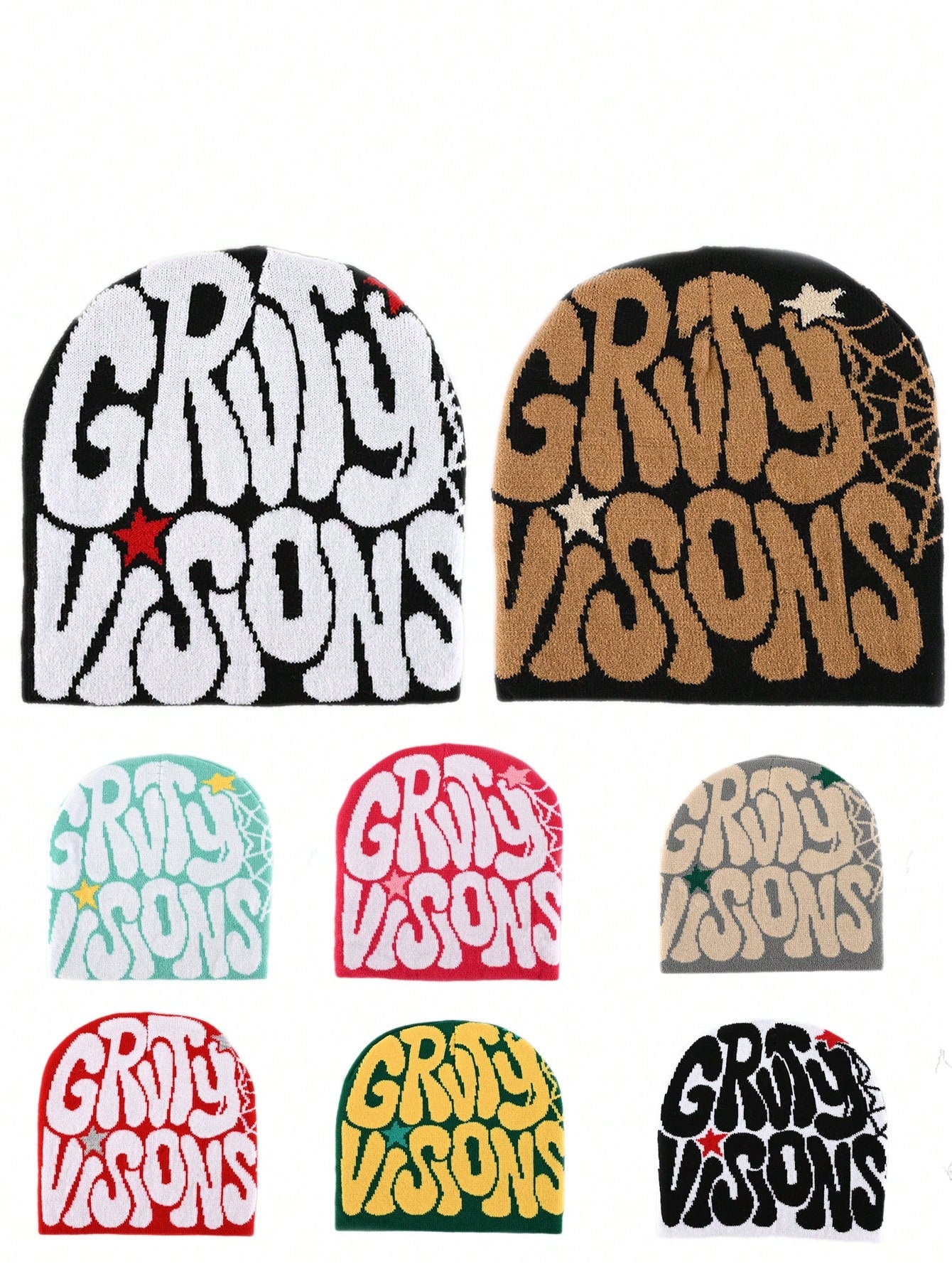 2 pièces Bonnet "GRVTY VISIONS" Hip Hop Unisexe Style Y2K Chapeau tricoté chaud pour l'extérieur Chapeau thermique pour hommes et femmes Tenue d'automne