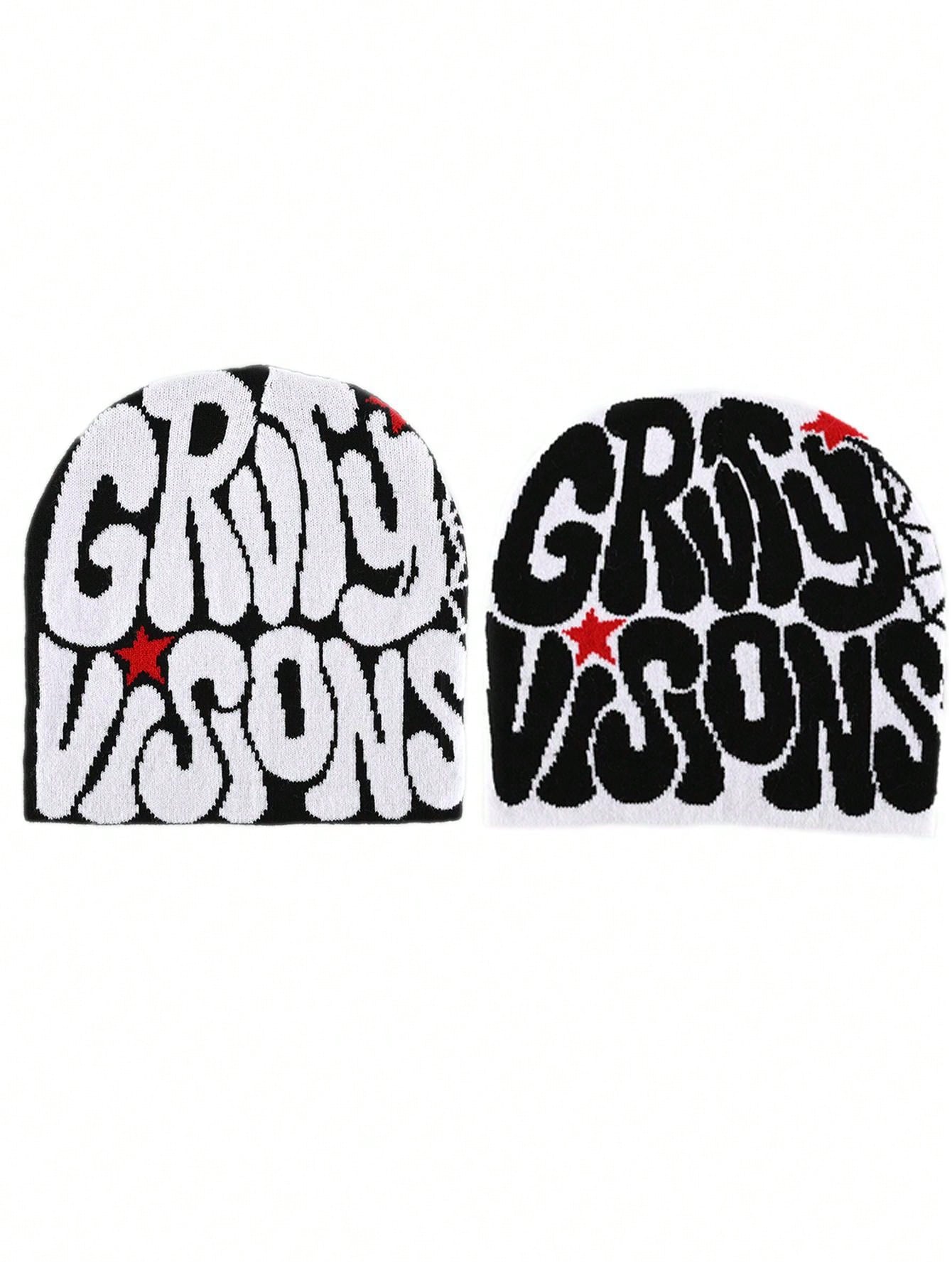2 pièces Bonnet "GRVTY VISIONS" Hip Hop Unisexe Style Y2K Chapeau tricoté chaud pour l'extérieur Chapeau thermique pour hommes et femmes Tenue d'automne