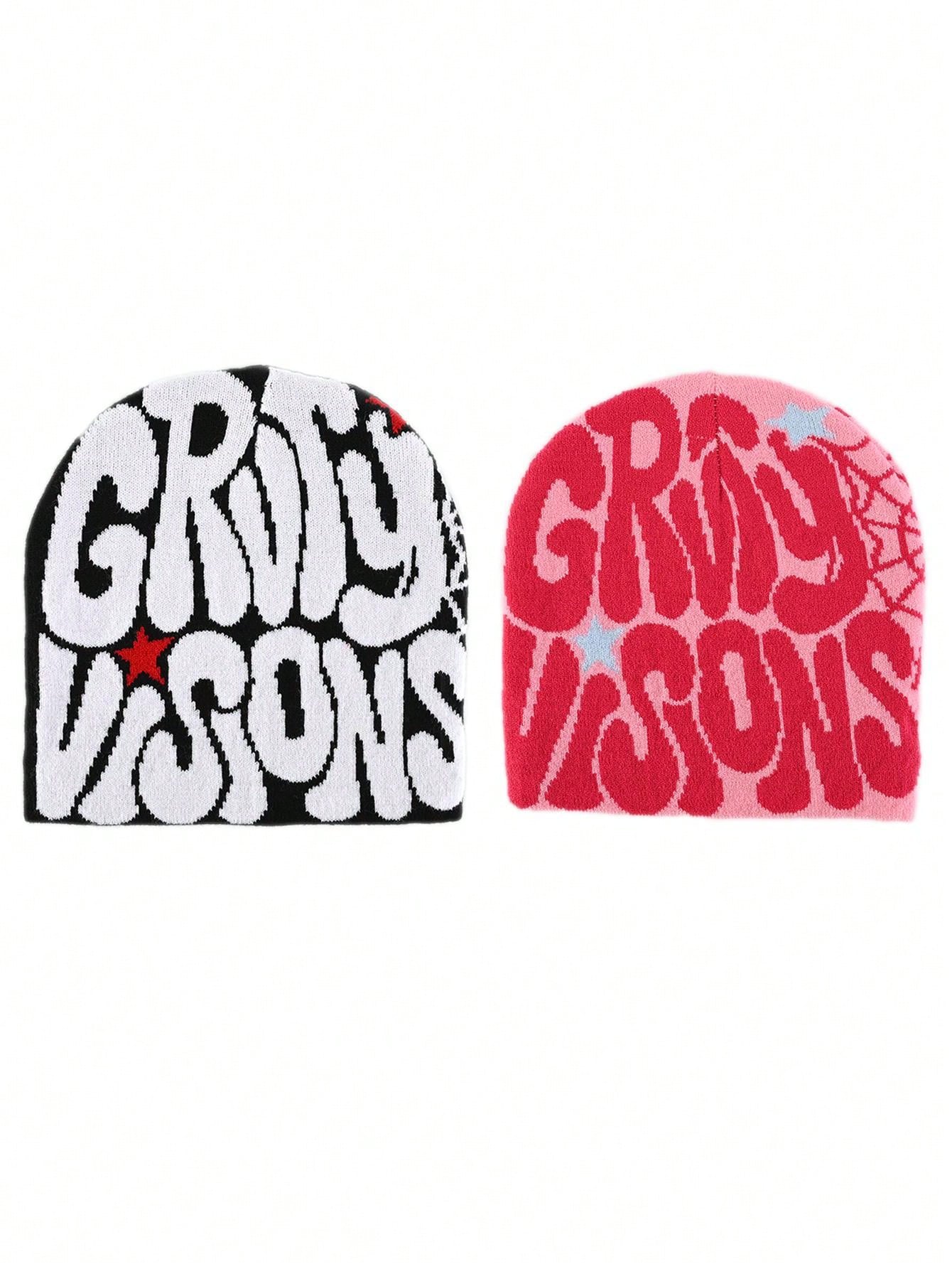 2 pièces Bonnet "GRVTY VISIONS" Hip Hop Unisexe Style Y2K Chapeau tricoté chaud pour l'extérieur Chapeau thermique pour hommes et femmes Tenue d'automne