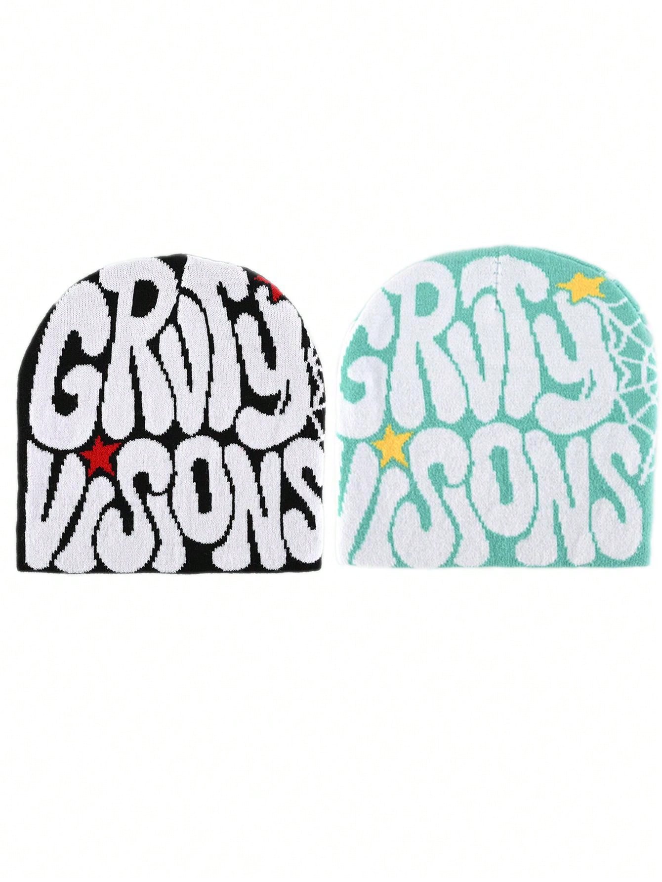 2 pièces Bonnet "GRVTY VISIONS" Hip Hop Unisexe Style Y2K Chapeau tricoté chaud pour l'extérieur Chapeau thermique pour hommes et femmes Tenue d'automne