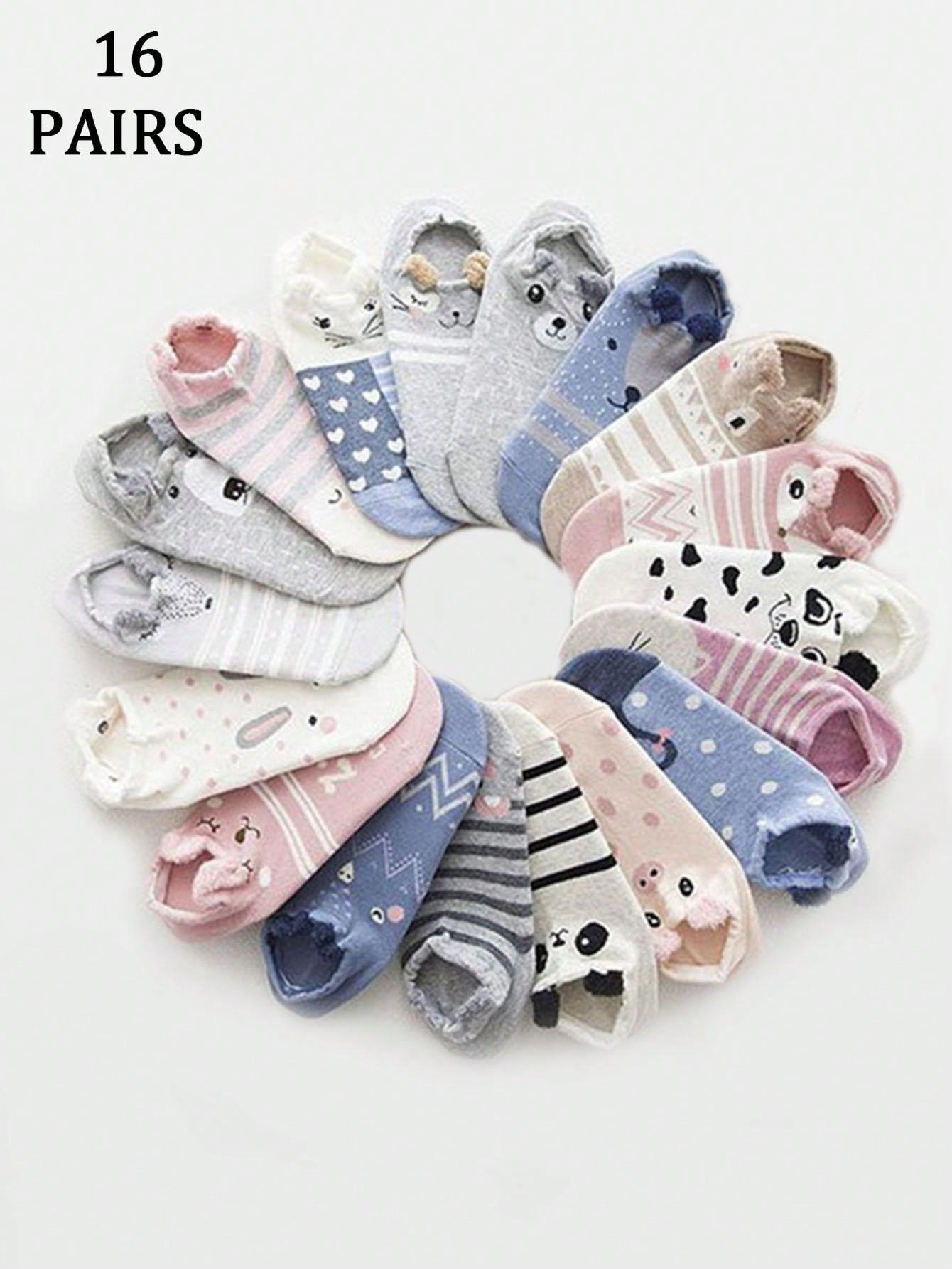 16 Paires (expédiées au hasard) Chaussettes courtes pour femmes avec motif d'animal de dessin animé créatif et mignon, oreilles en peluche 3D, confortables et polyvalentes, convient pour une tenue quotidienne et des tenues de voyage