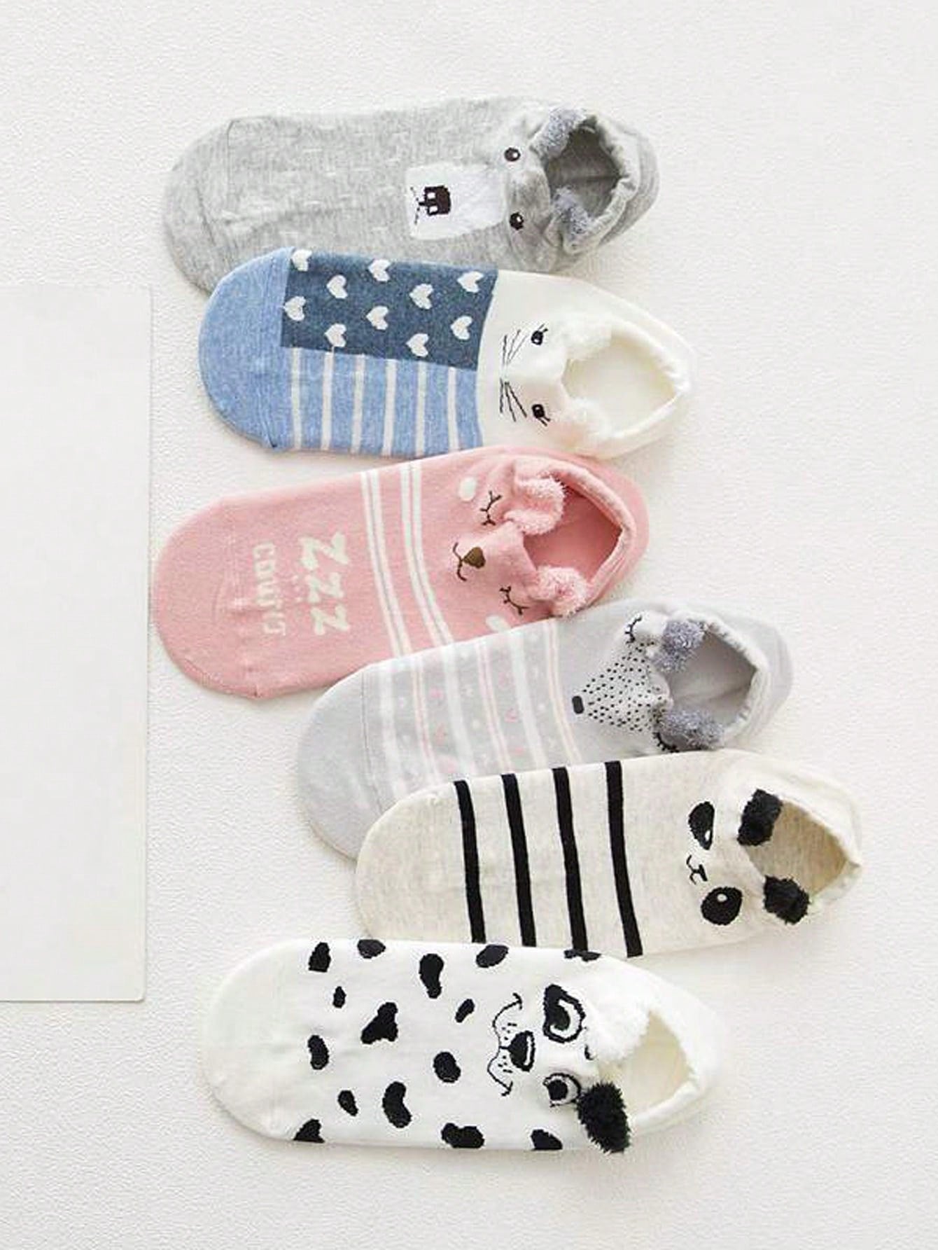 16 Paires (expédiées au hasard) Chaussettes courtes pour femmes avec motif d'animal de dessin animé créatif et mignon, oreilles en peluche 3D, confortables et polyvalentes, convient pour une tenue quotidienne et des tenues de voyage