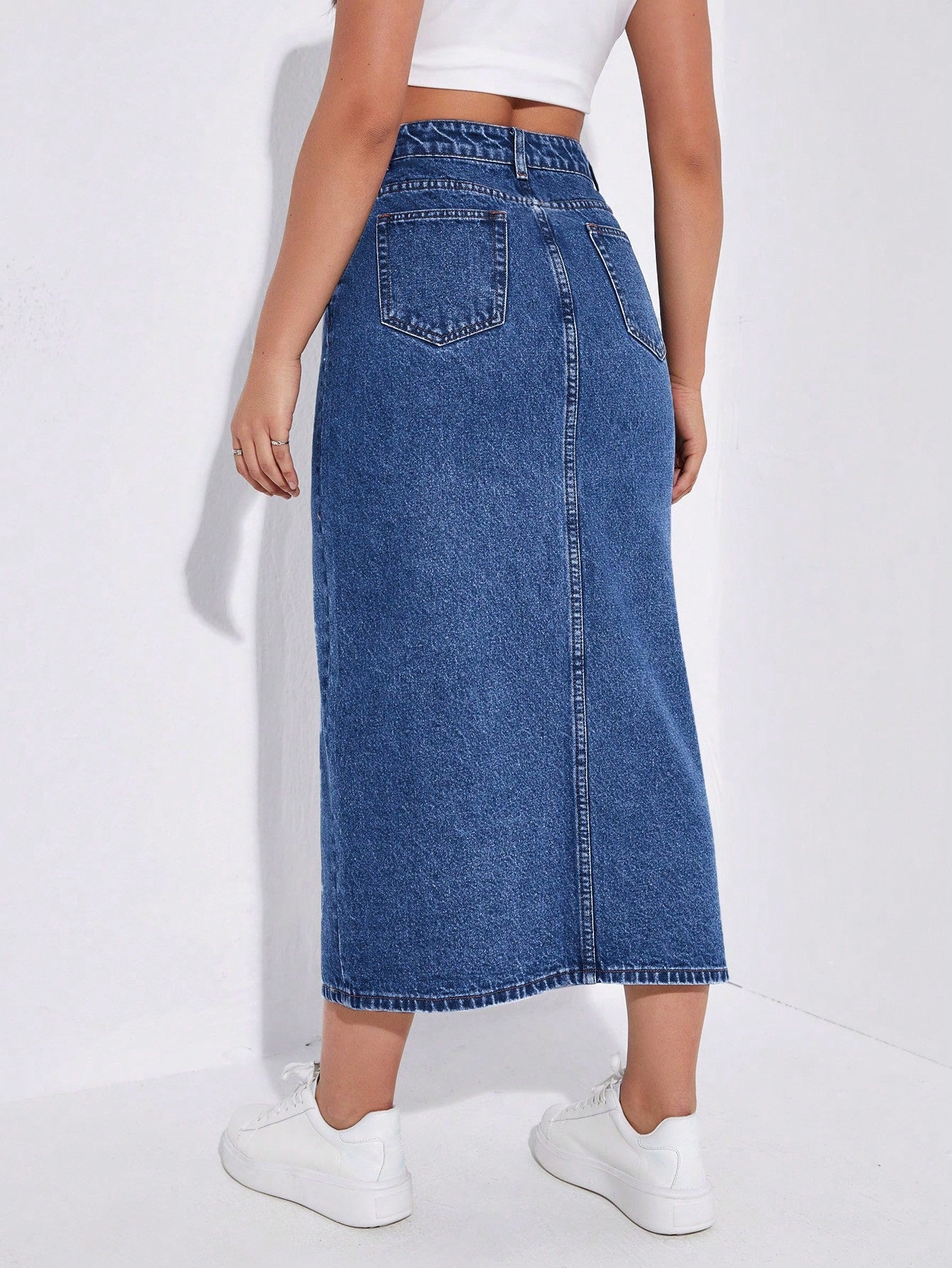 SHEIN EZwear Jupe en jean décontractée coupe droite longue pour femme avec poches à fente avant