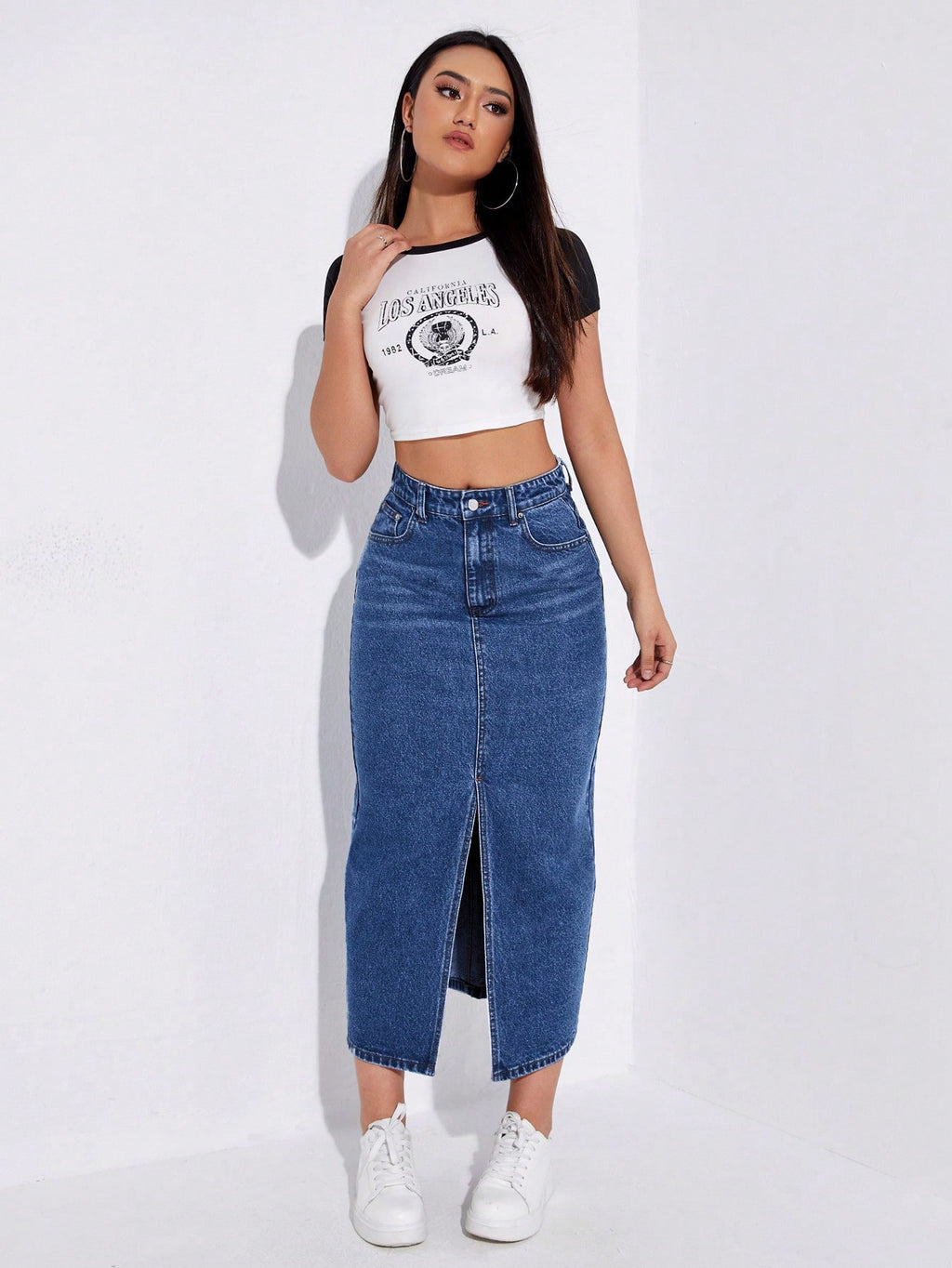 SHEIN EZwear Jupe en jean taille haute fendu