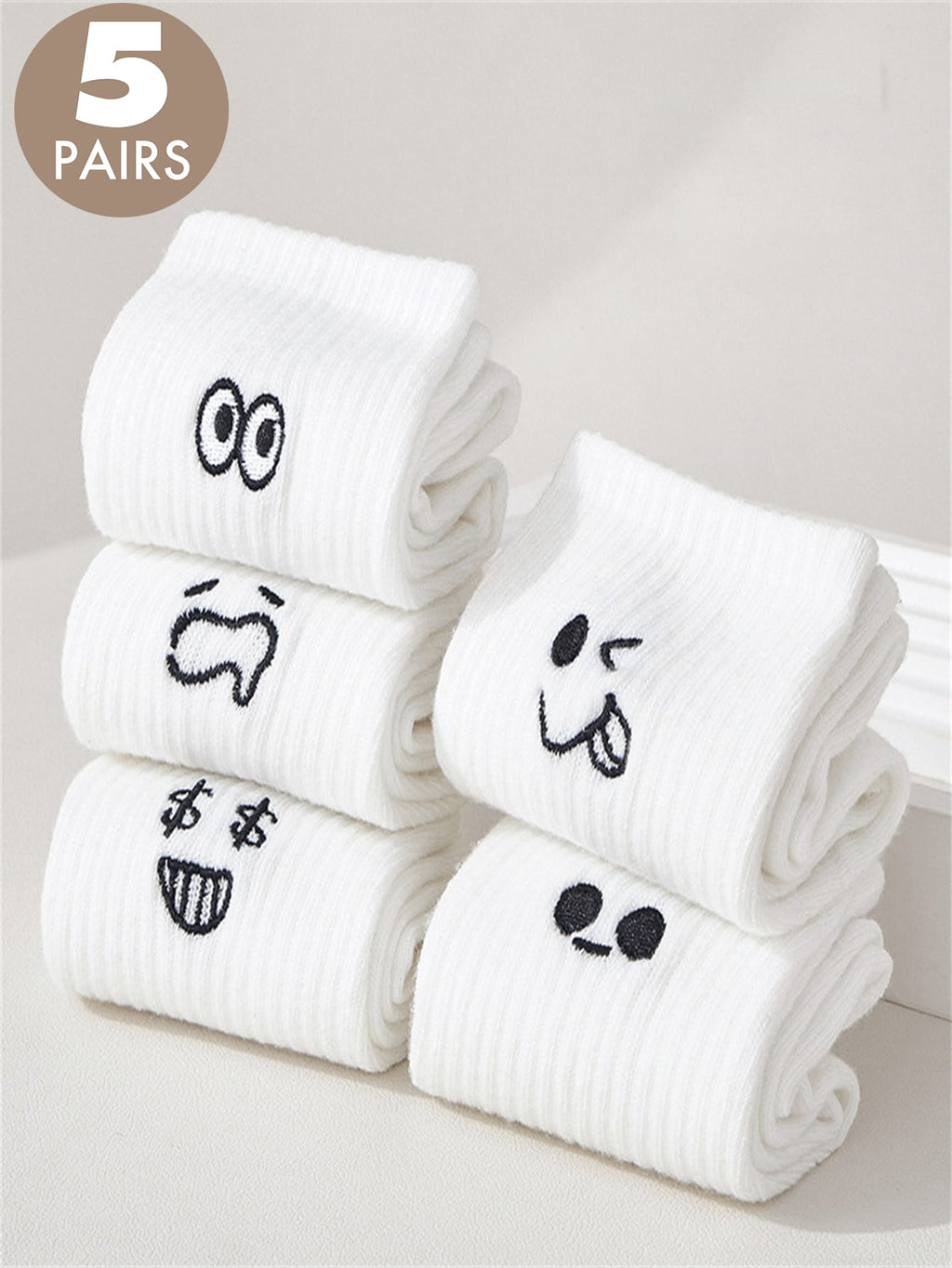5 paires Chaussettes mi-mollet imprimées blanches assorties pour femmes, chaussettes de sport décontractées et mignonnes avec motifs de dessins animés
