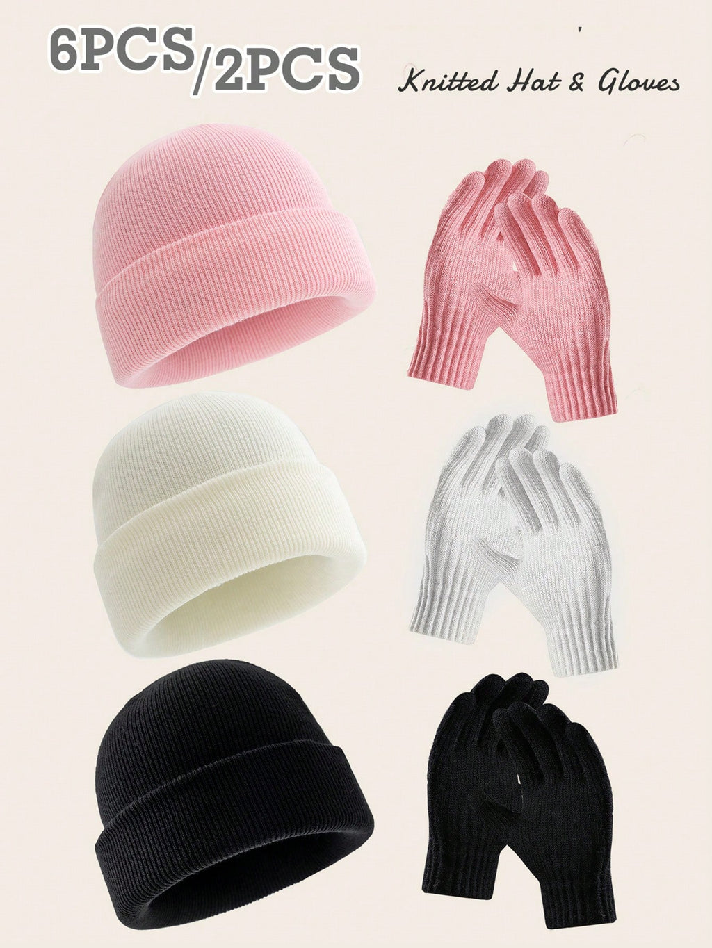 6 pièces/2 pièces Ensemble bonnet tricoté et gants de couleur unie, convient aux hommes et aux femmes pour une chaleur quotidienne, un style de rue extérieur, parfait comme cadeau d'anniversaire ou de Noël