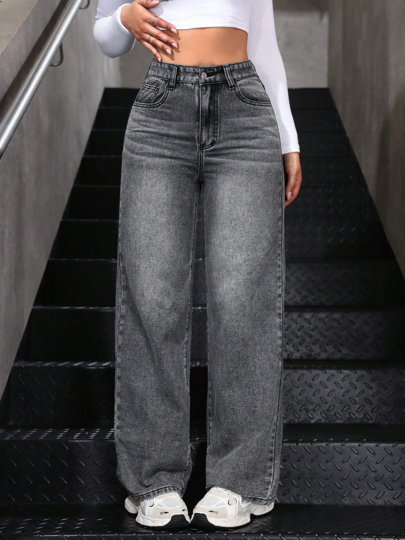 SHEIN x Lina SHEIN ICON Jeans droits taille mi-haute lavés décontractés de style rétro