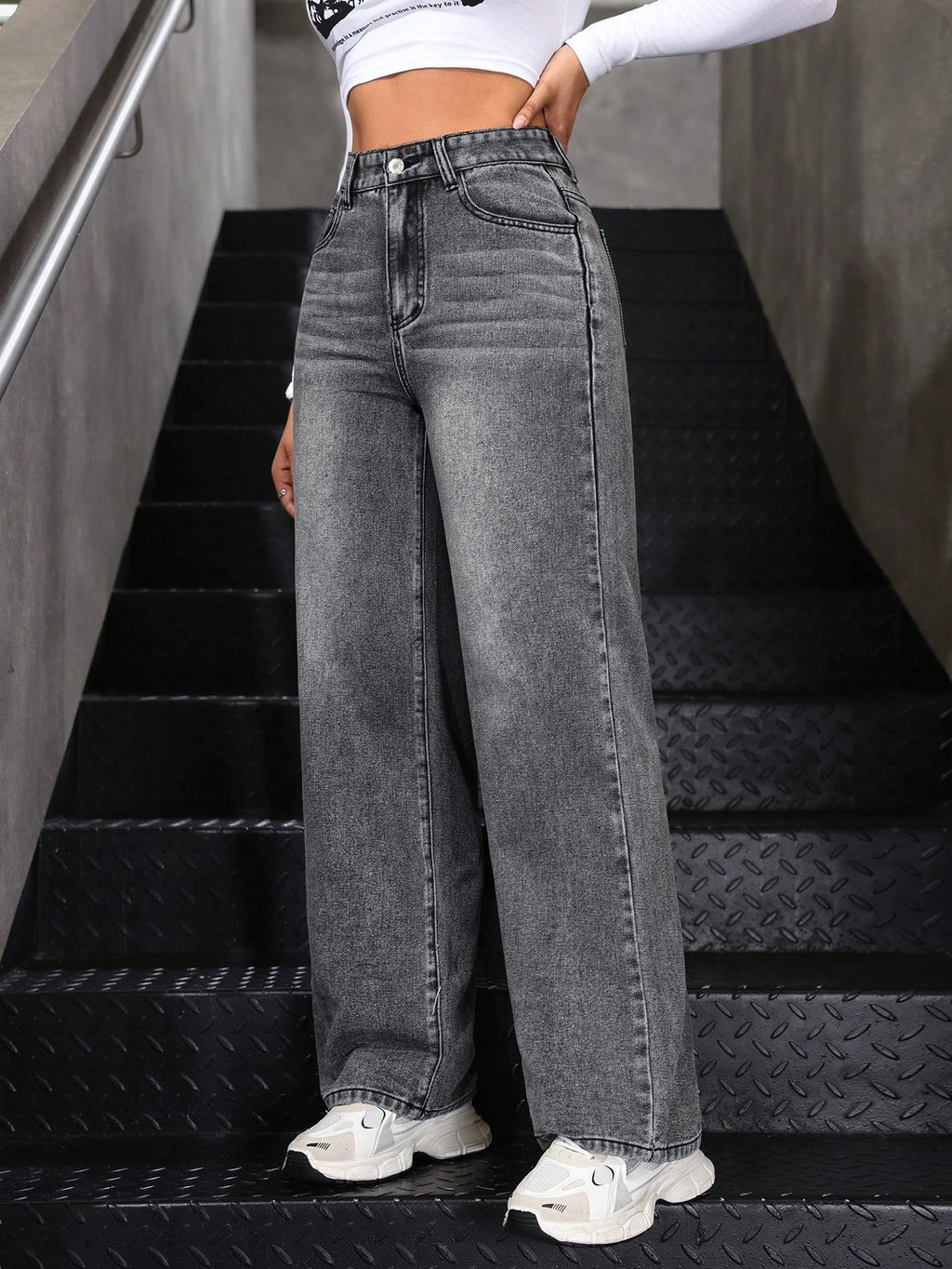 SHEIN x Lina SHEIN ICON Jeans droits taille mi-haute lavés décontractés de style rétro