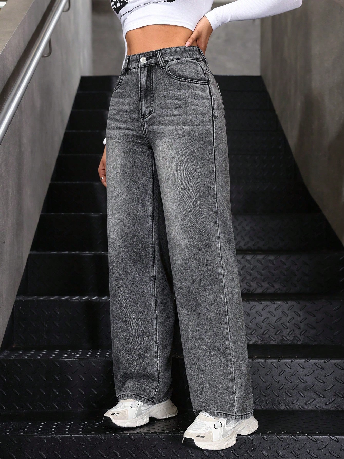SHEIN x Lina SHEIN ICON Jeans droits taille mi-haute lavés décontractés de style rétro