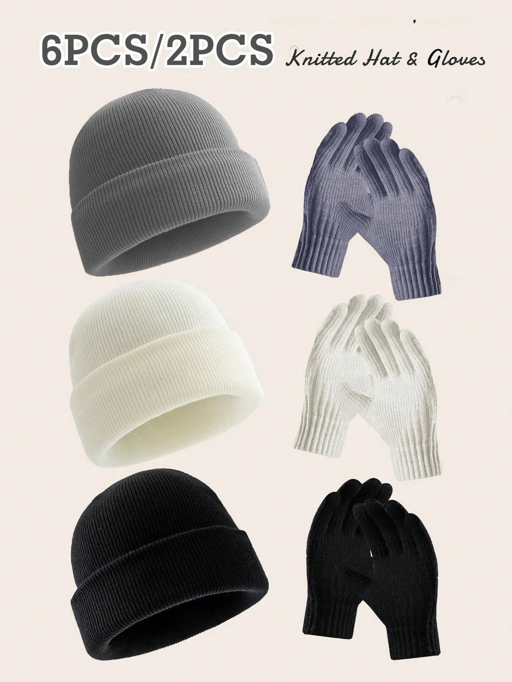 6 pièces/2 pièces Ensemble bonnet tricoté et gants de couleur unie, convient aux hommes et aux femmes pour une chaleur quotidienne, un style de rue extérieur, parfait comme cadeau d'anniversaire ou de Noël