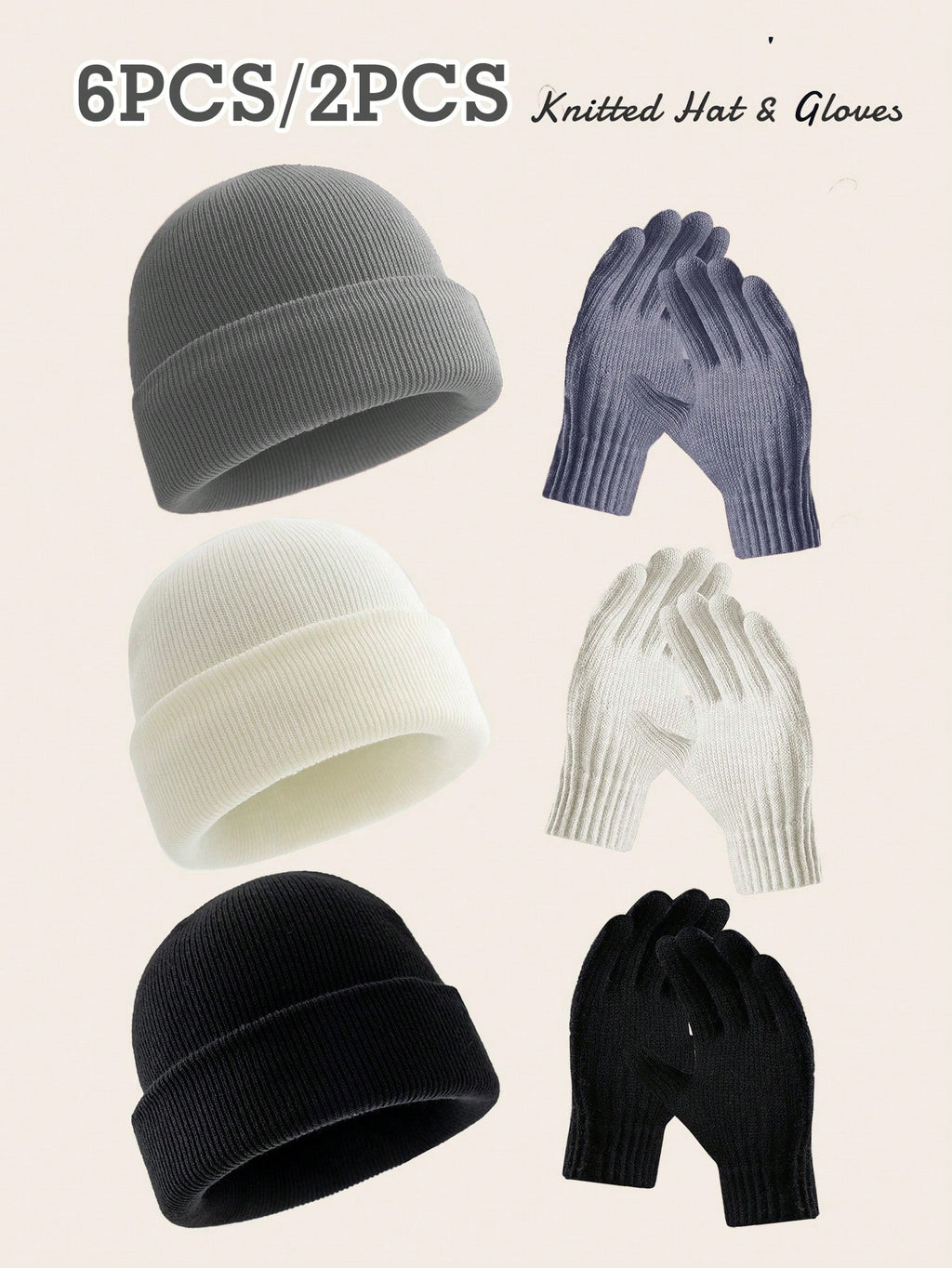 6 pièces/2 pièces Ensemble bonnet tricoté et gants de couleur unie, convient aux hommes et aux femmes pour une chaleur quotidienne, un style de rue extérieur, parfait comme cadeau d'anniversaire ou de Noël