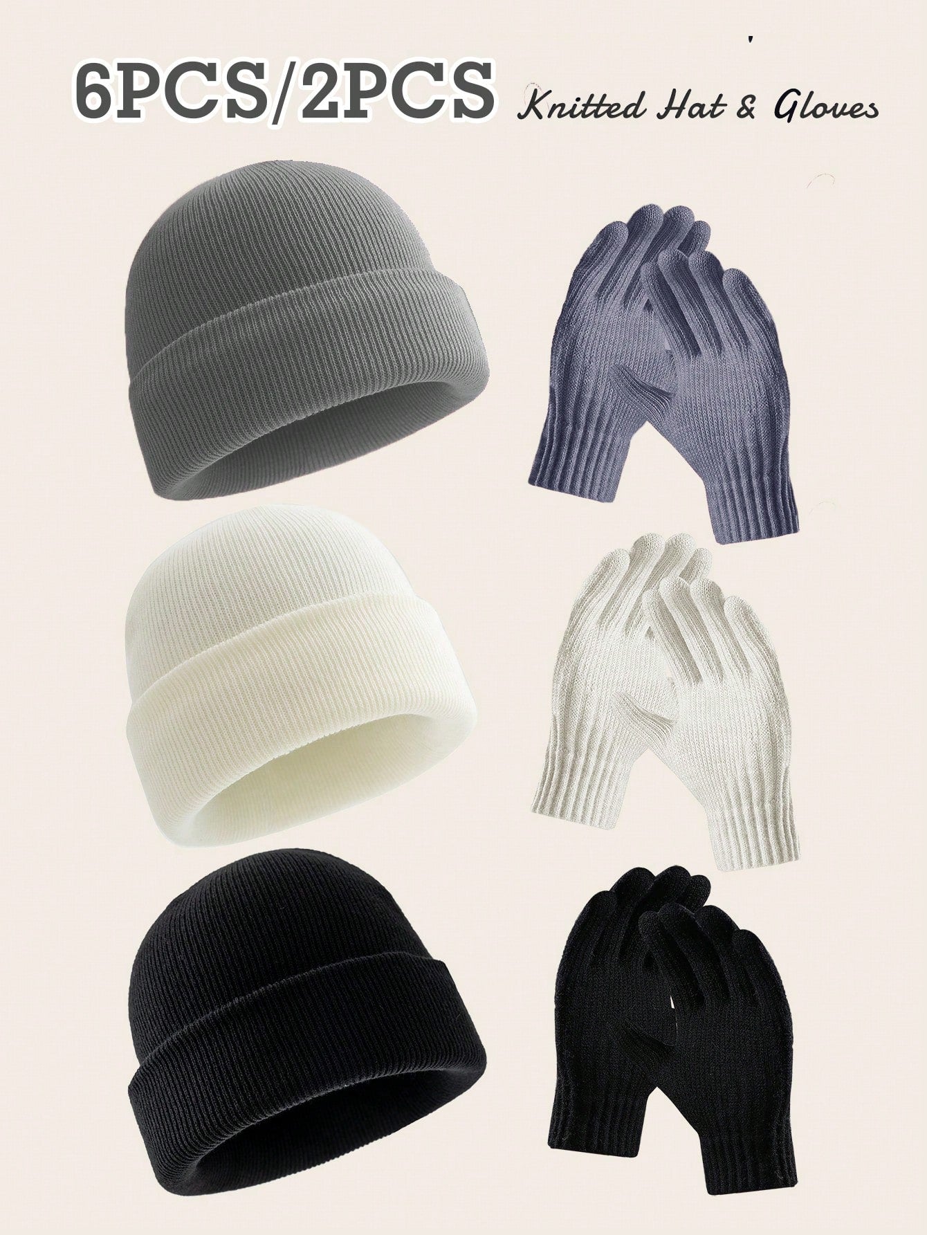 6 pièces/2 pièces Ensemble bonnet tricoté et gants de couleur unie, convient aux hommes et aux femmes pour une chaleur quotidienne, un style de rue extérieur, parfait comme cadeau d'anniversaire ou de Noël