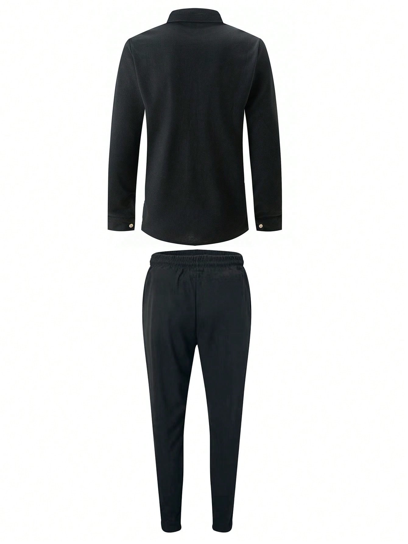 1 set Chemise manches longues de couleur unie décontractée pour homme avec poche + pantalon