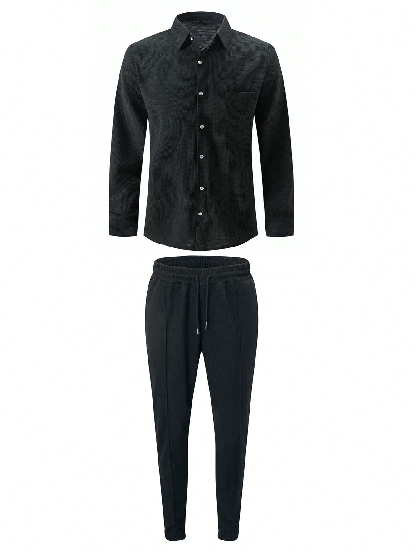 1 set Chemise manches longues de couleur unie décontractée pour homme avec poche + pantalon