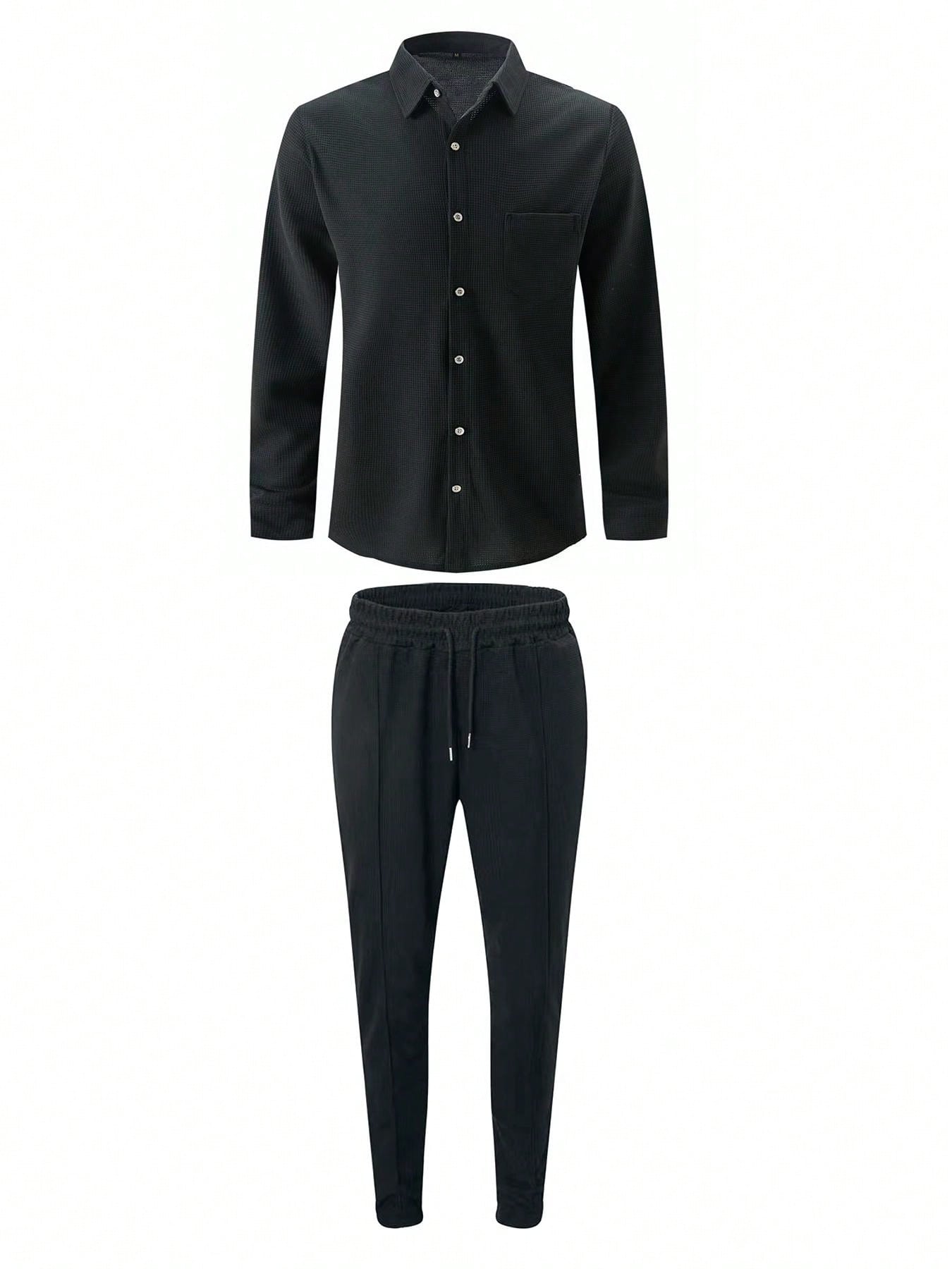 1 set Chemise manches longues de couleur unie décontractée pour homme avec poche + pantalon