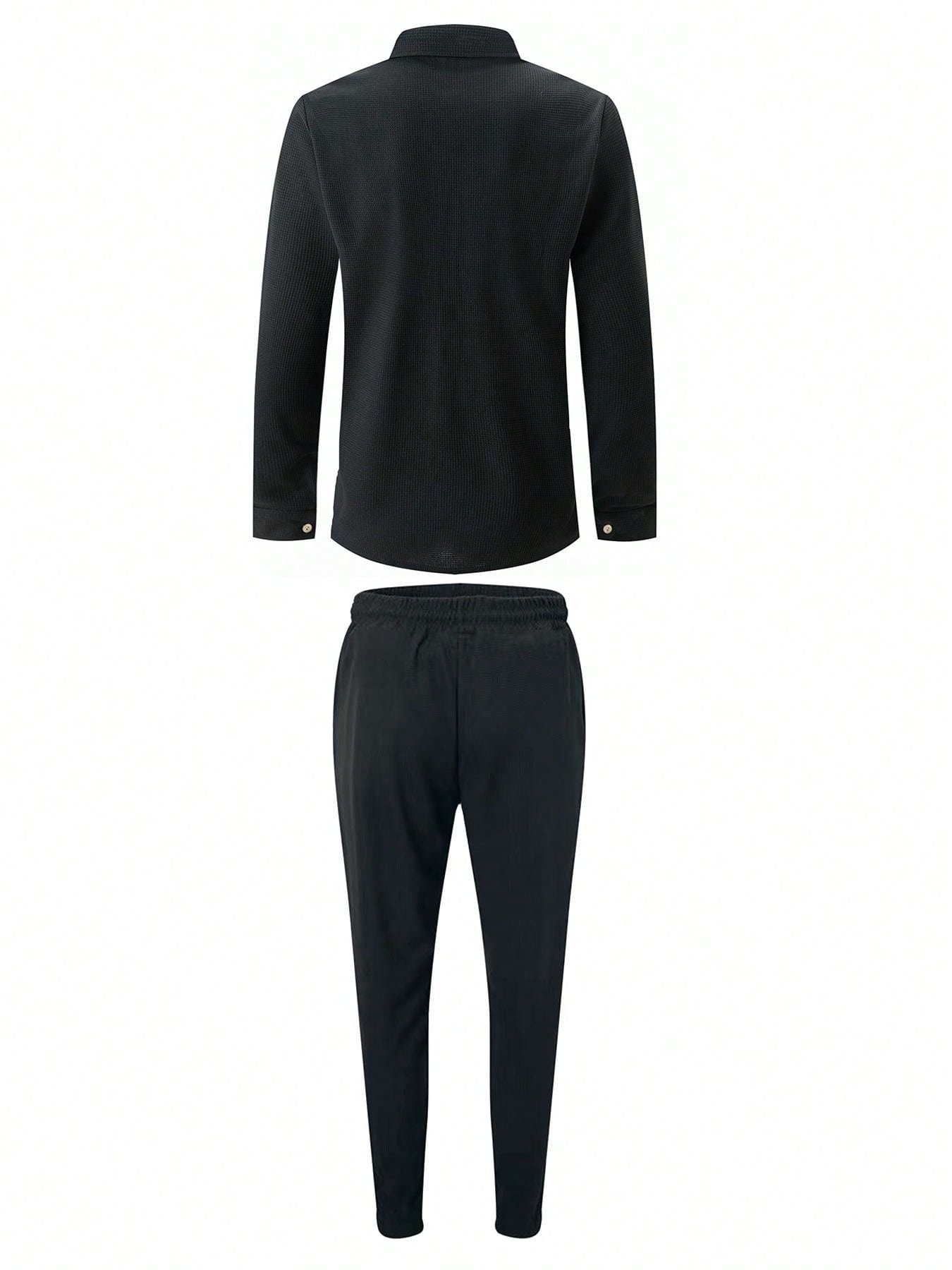 1 set Chemise manches longues de couleur unie décontractée pour homme avec poche + pantalon