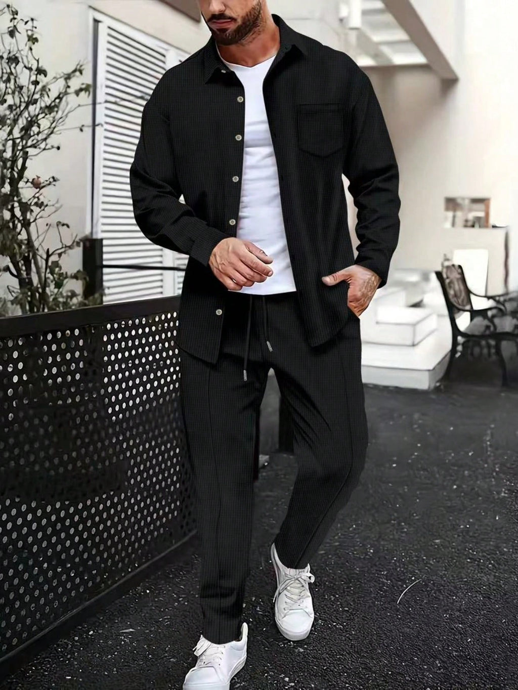 1 set Chemise manches longues de couleur unie décontractée pour homme avec poche + pantalon