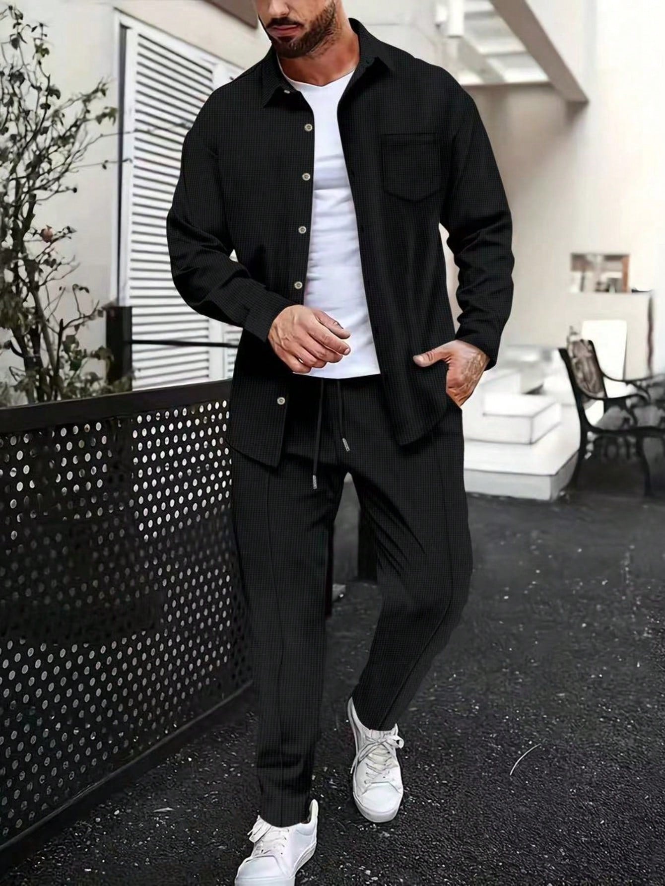 1 set Chemise manches longues de couleur unie décontractée pour homme avec poche + pantalon