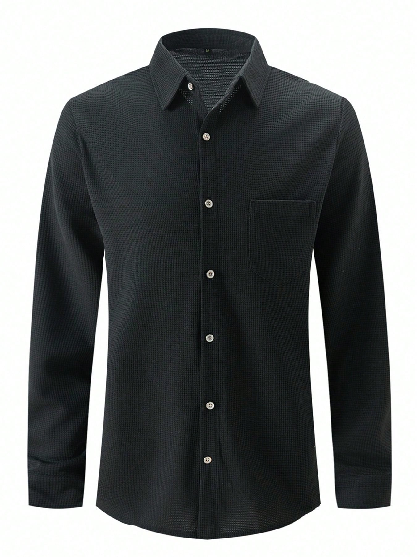 1 set Chemise manches longues de couleur unie décontractée pour homme avec poche + pantalon
