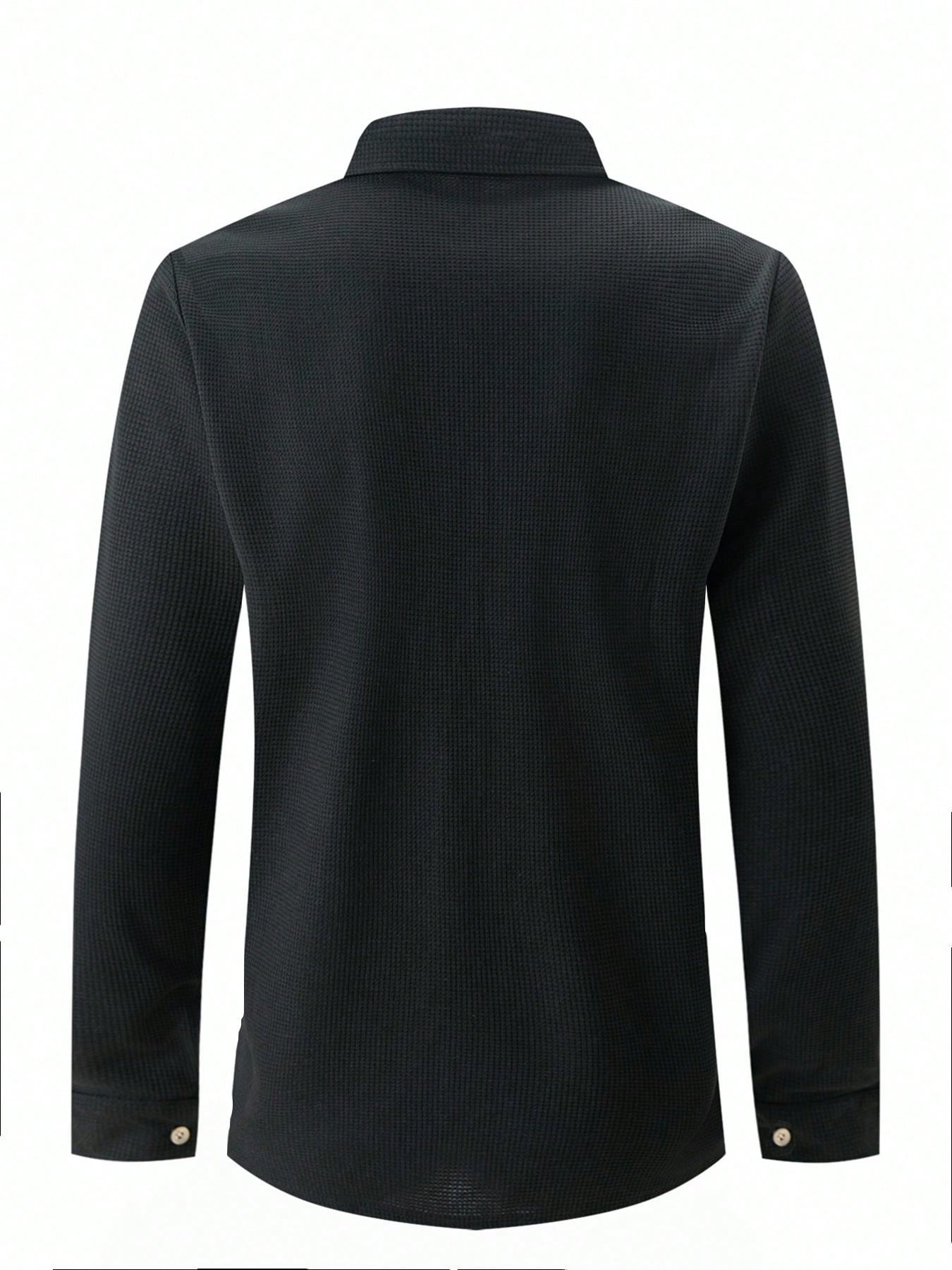1 set Chemise manches longues de couleur unie décontractée pour homme avec poche + pantalon